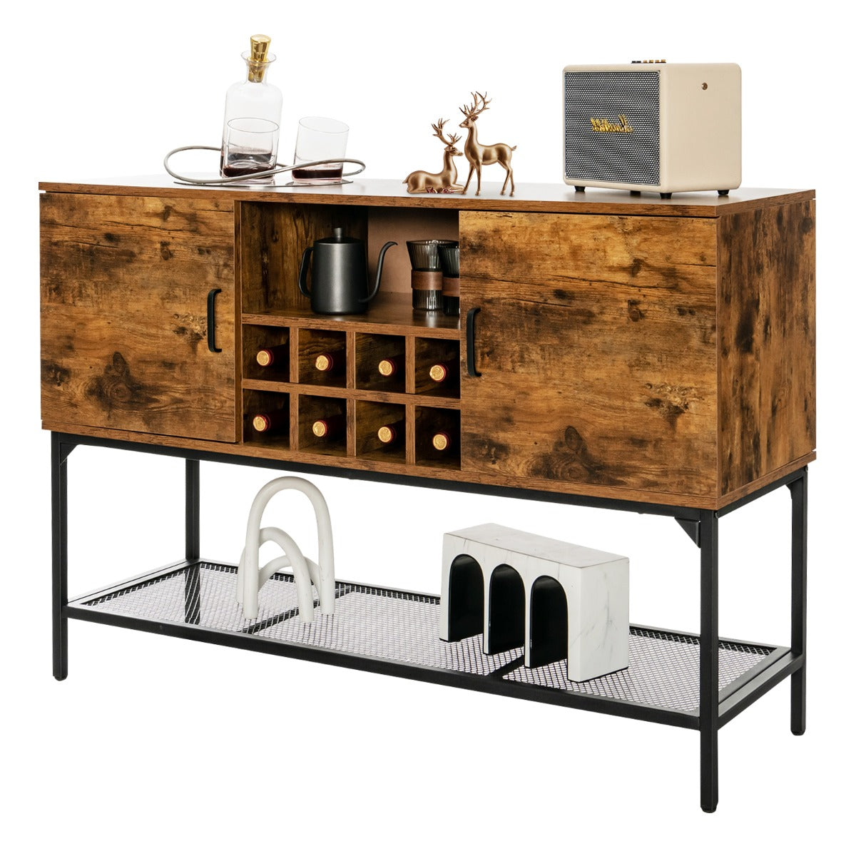 Aparador Industrial de Buffet com Portavinho Estante de Malha 2 Armários com Portas para Sala de Jantar Corredor 122 x 41 x 85 cm Castanho