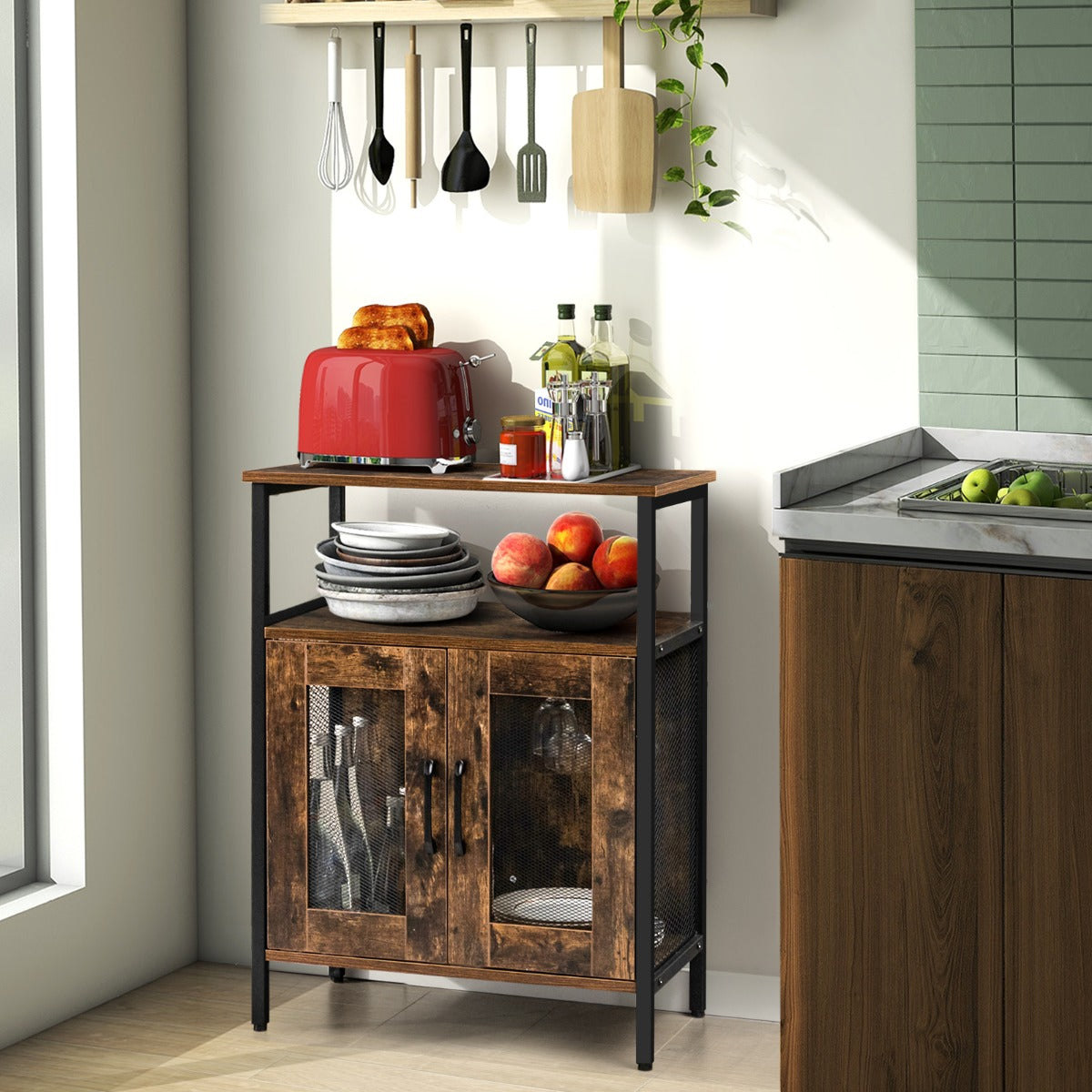 Aparador Industrial para Cozinha com Estante Extraível para Vinhos e Suporte para Copos Castanho Rústico 60 x 34 x 79 cm