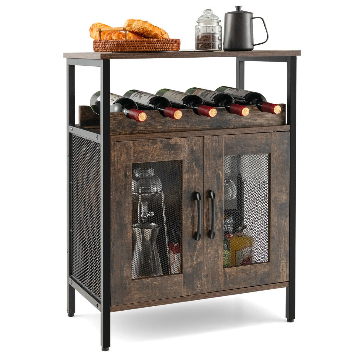 Aparador Industrial para Cozinha com Estante Extraível para Vinhos e Suporte para Copos Castanho Rústico 60 x 34 x 79 cm