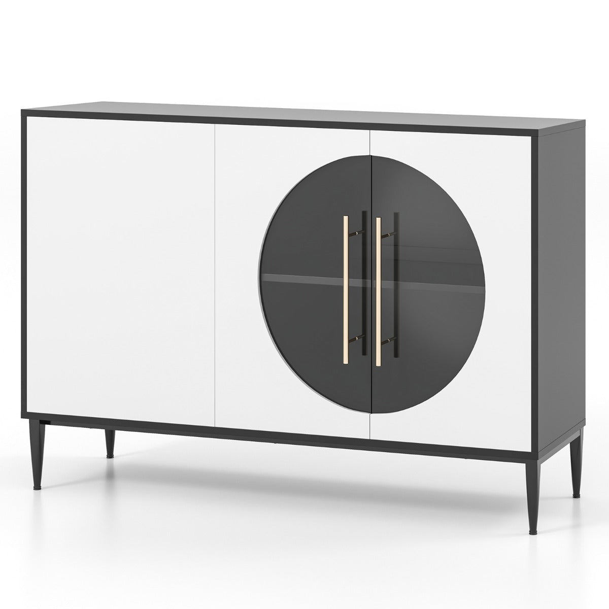 Aparador com Porta de Vidro Temperado 3 Portas Pernas Metálicas Elevadas Armário de Armazenamento Independente para Cozinha Branco