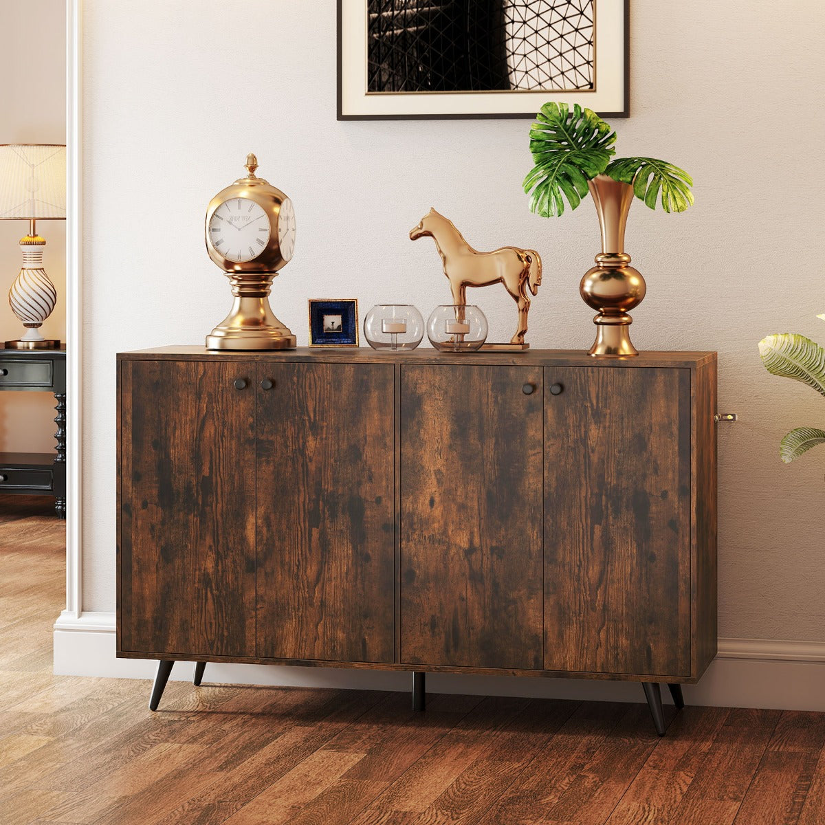 Aparador Moderno de 4 Portas com Prateleiras Ajustáveis em 5 Posições Gabinete Pé 127,5 x 38 x 80 cm - Castanho