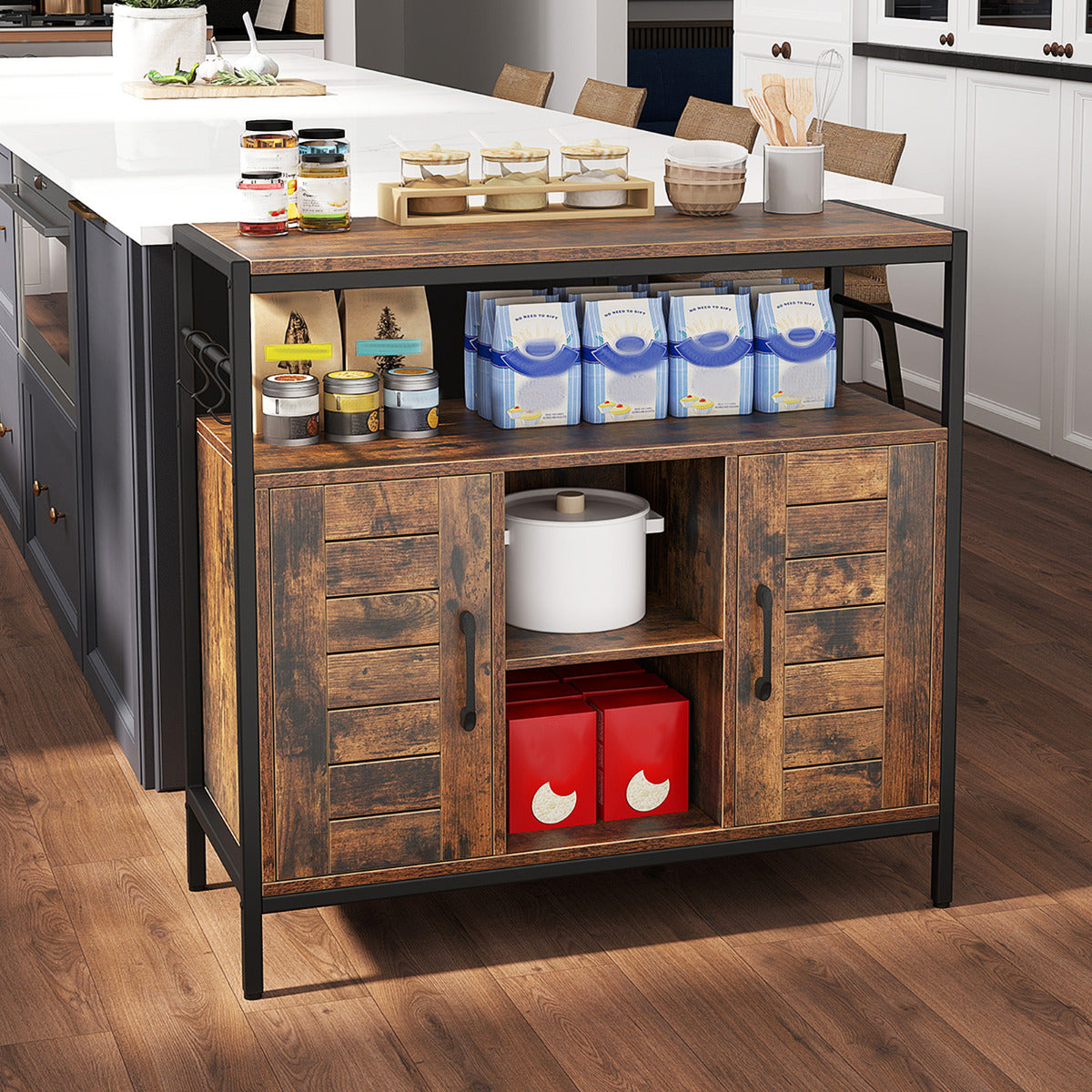 Aparador Industrial para Bar de Café com 2 Portas e Estantes Ajustáveis - Marrom