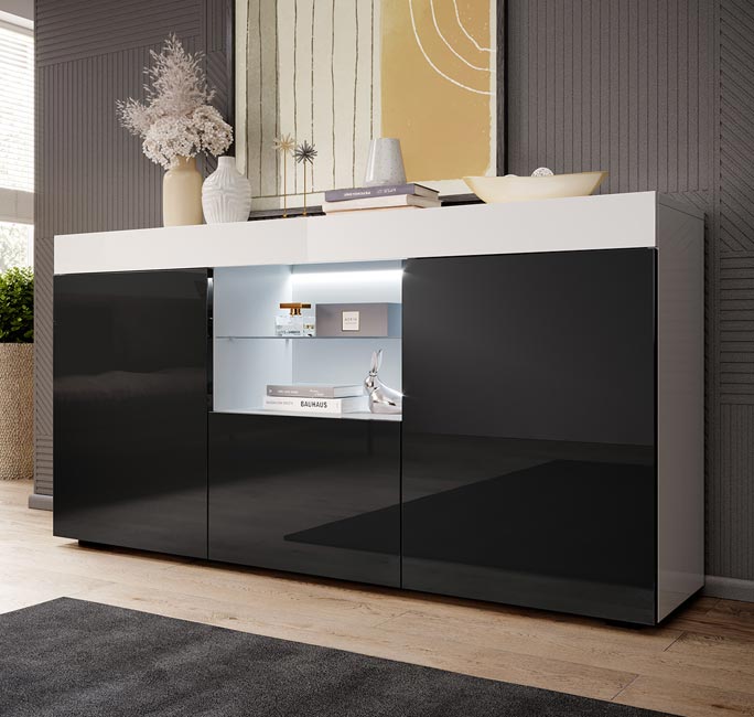 Aparador Safira em Branco e Preto Brilhante 135x73cm