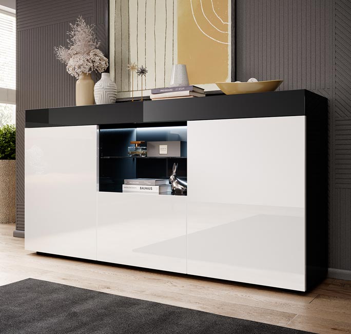 Aparador Safira preto e branco brilhante 135x73cm