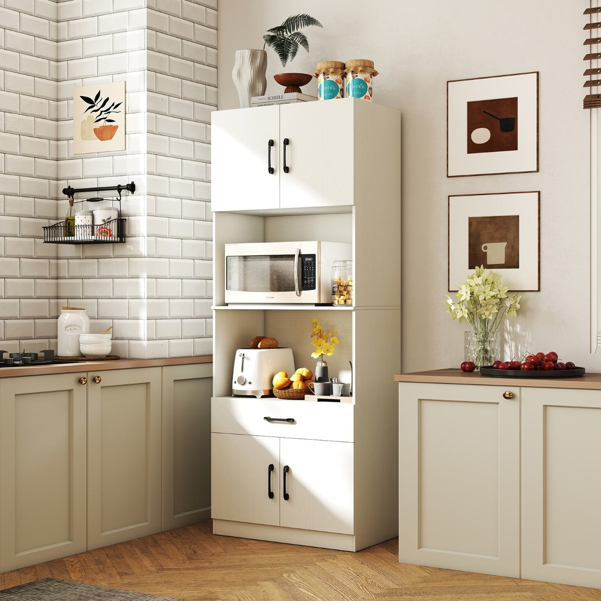 Aparador Buffet de Cozinha com 4 Portas Gaveta Estação de Carregamento Incorporada para Sala de Estar e Sala de Jantar 65 x 38 x 168 cm Branco