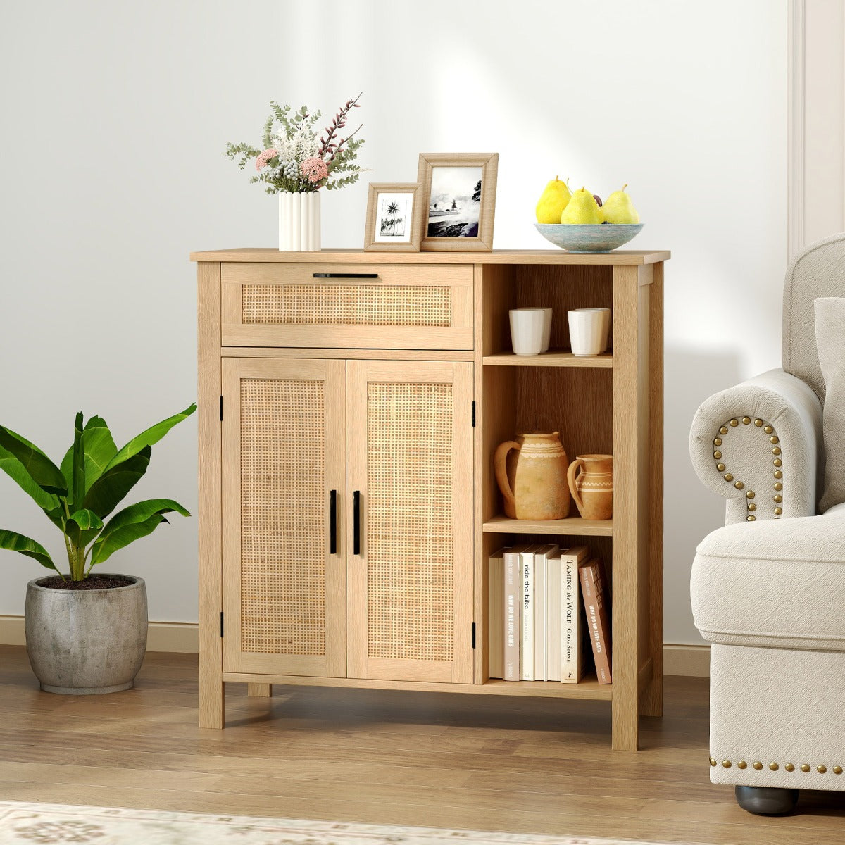 Aparador Buffet com Portas de Ratan Entrelaçado e Gaveta Estante Ajustável e Cubos Abertos para Cozinha Sala 75 x 30 x 80 cm Natural