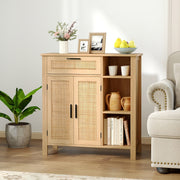 Aparador Buffet com Portas de Ratan Entrelaçado e Gaveta Estante Ajustável e Cubos Abertos para Cozinha Sala 75 x 30 x 80 cm Natural