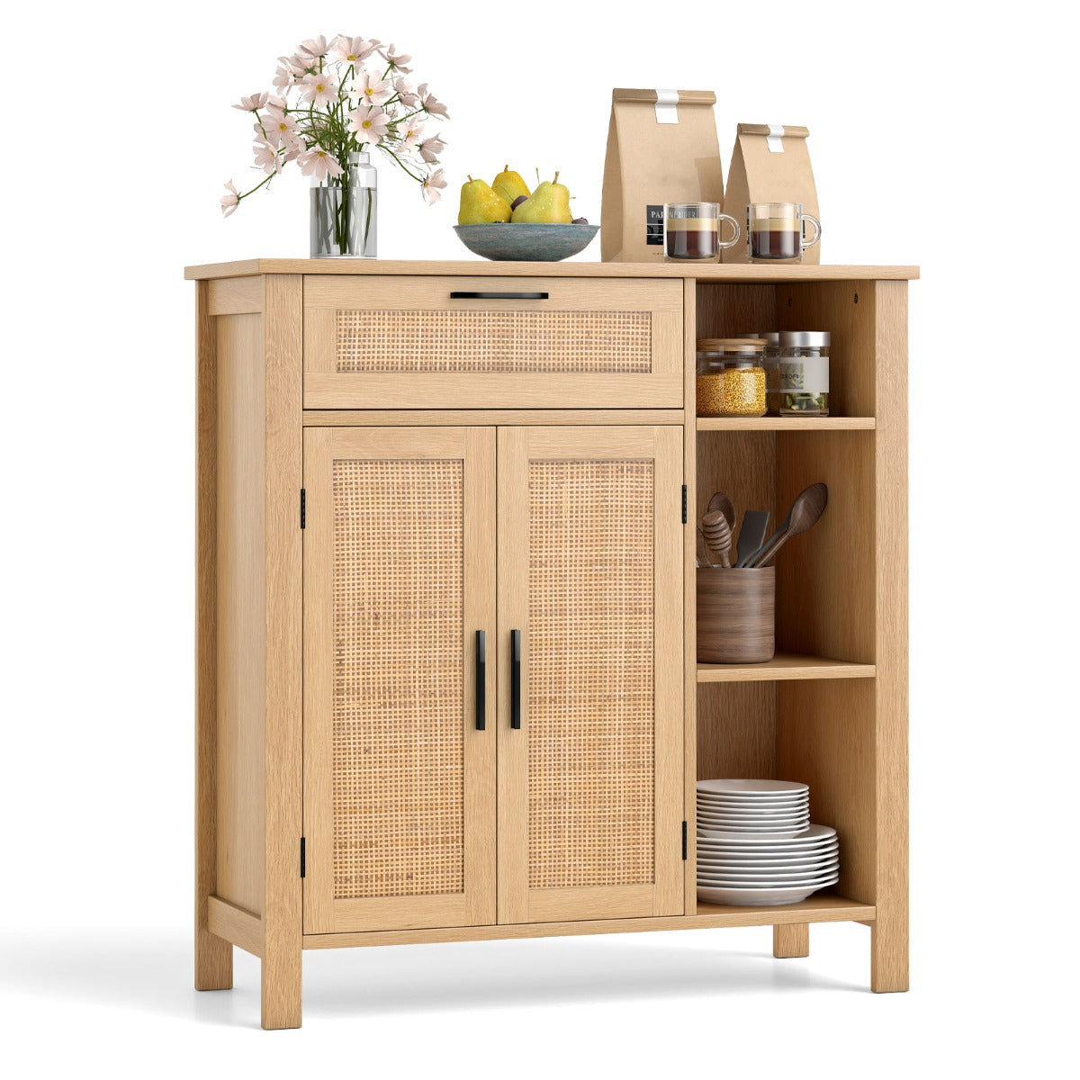 Aparador Buffet com Portas de Ratan Entrelaçado e Gaveta Estante Ajustável e Cubos Abertos para Cozinha Sala 75 x 30 x 80 cm Natural