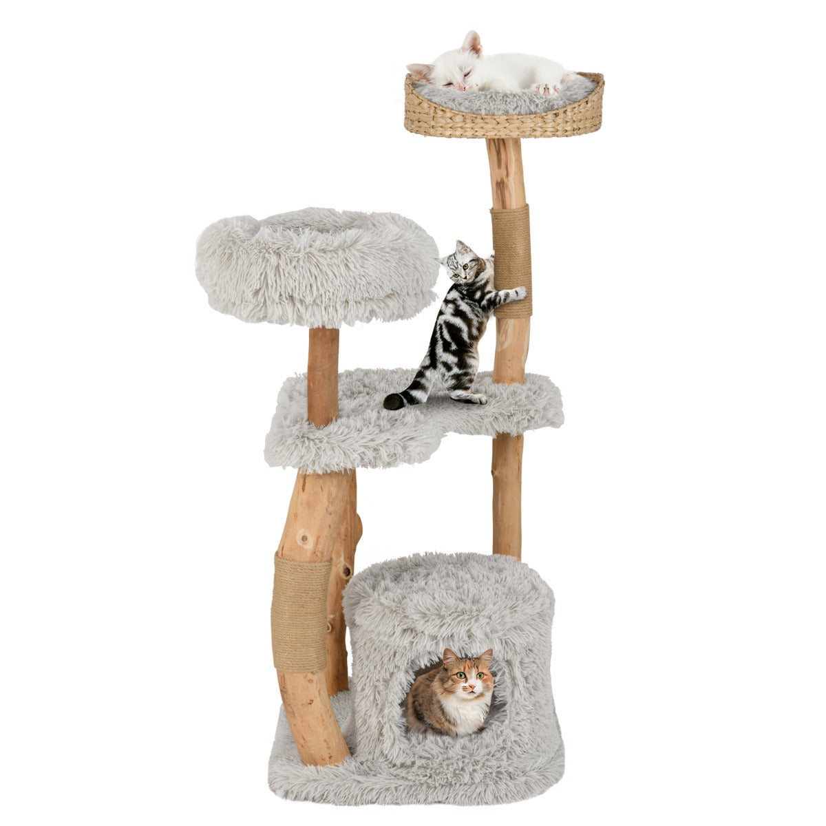 Árvore para Gatos de Vários Níveis de 124 cm com Plataforma Grande e Condomínio para Gatos com Postes Arranhadores de Juta Cinzenta