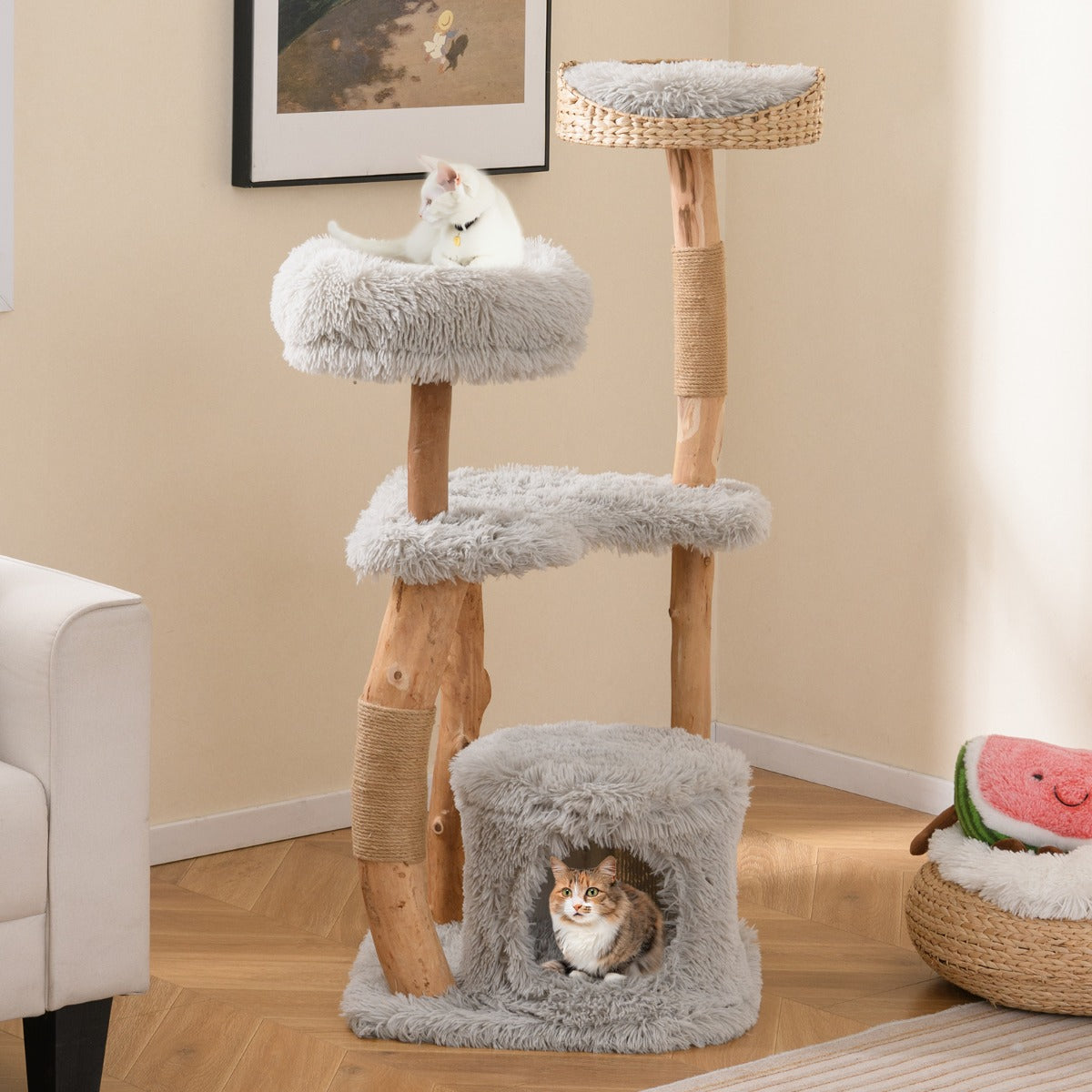 Árvore para Gatos de Vários Níveis de 124 cm com Plataforma Grande e Condomínio para Gatos com Postes Arranhadores de Juta Cinzenta