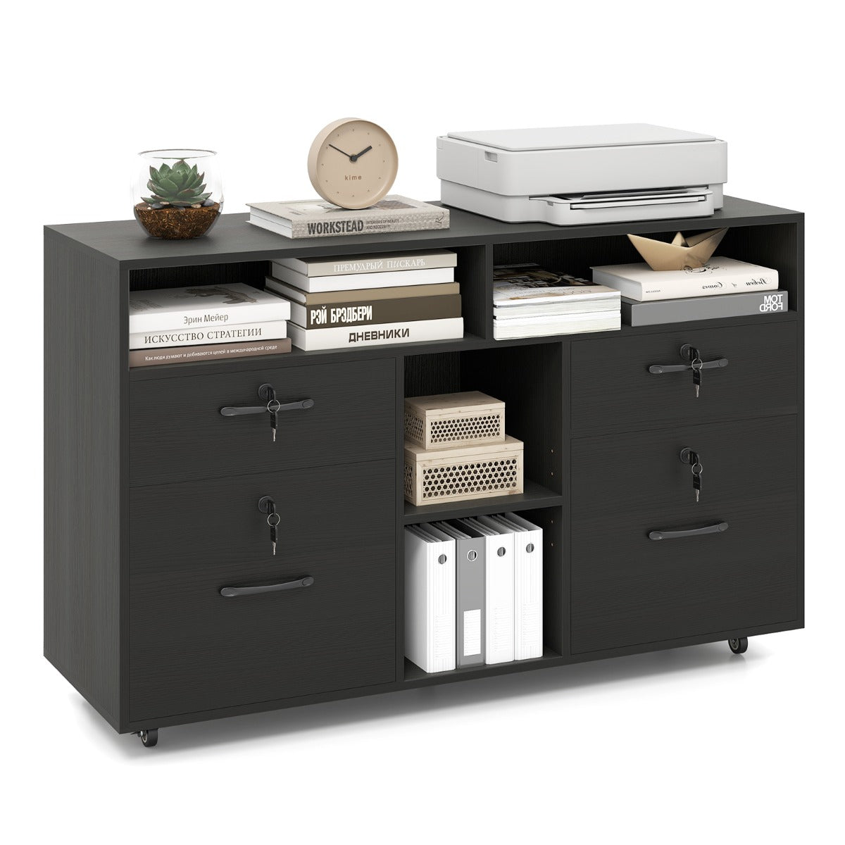 Organizador de Arquivo com Fechadura Móvel Lateral com 4 Gavetas Prateleira Ajustável 104 x 35 x 65,5 cm - Preto