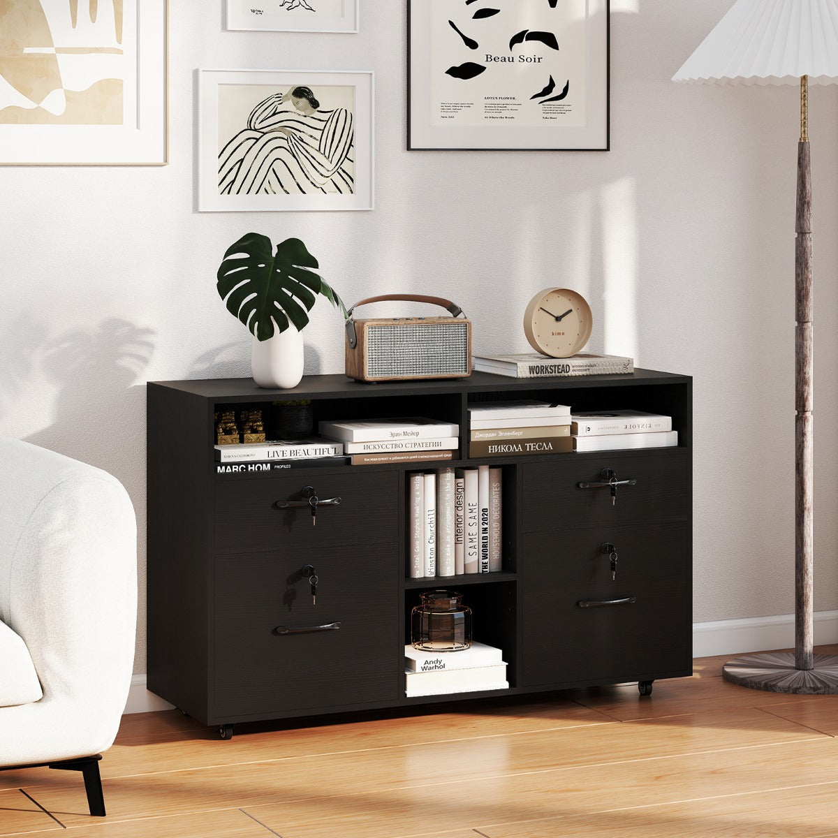 Organizador de Arquivo com Fechadura Móvel Lateral com 4 Gavetas Prateleira Ajustável 104 x 35 x 65,5 cm - Preto
