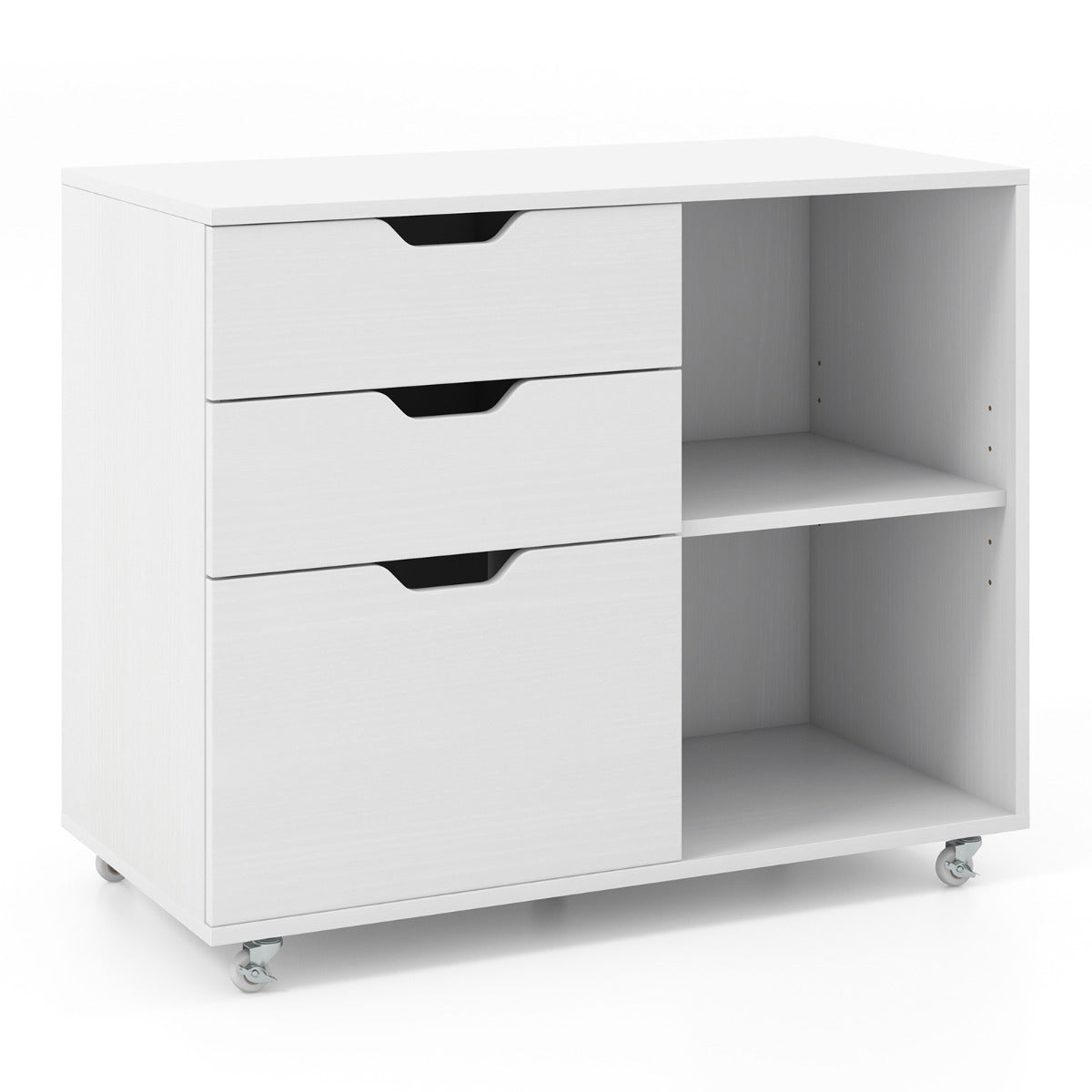 Archivador de 3 Gavetas com Suporte para Impressora e Estante Ajustável em Rodas para Tamanhos de Papel A4 e Legal para Escritório e Casa em Branco
