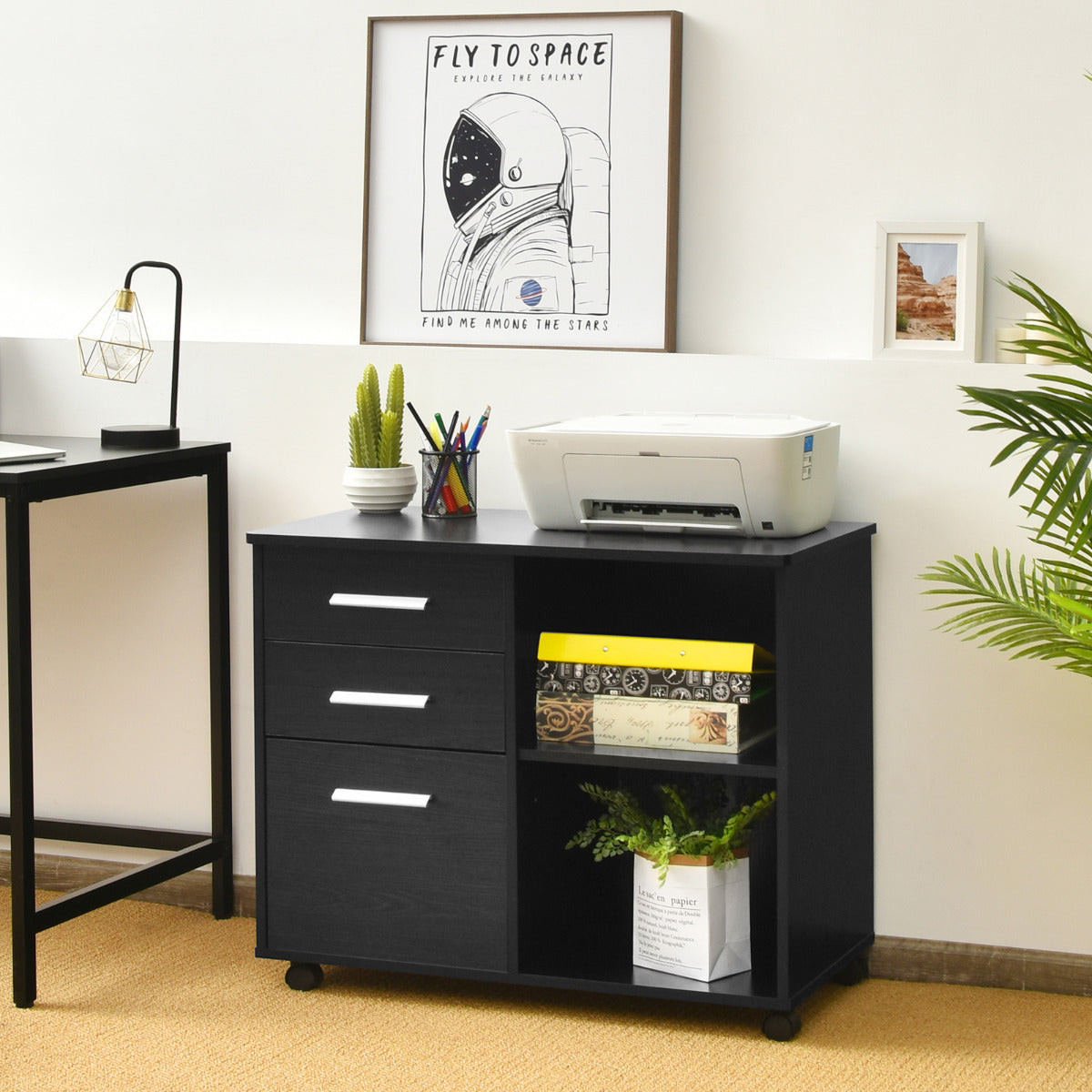 Archivador Móvel de 3 Gavetas e Prateleiras Armário de Arquivo Lateral com Rodas Suporte para Impressora para Escritório Casa 81 x 41 x 66 cm Preto