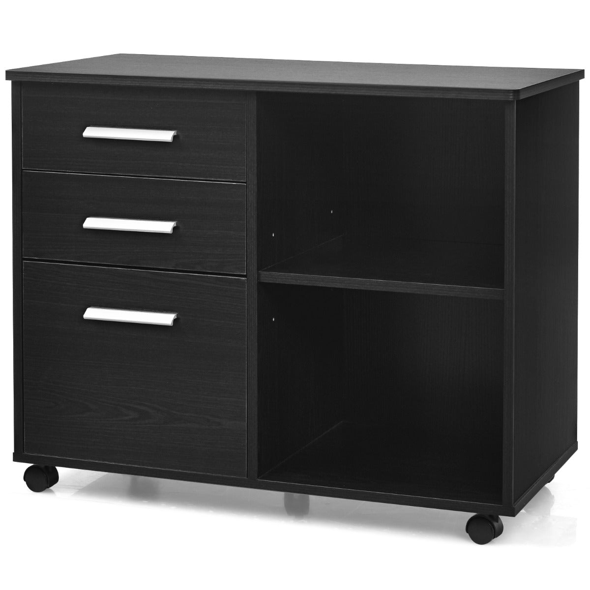 Archivador Móvel de 3 Gavetas e Prateleiras Armário de Arquivo Lateral com Rodas Suporte para Impressora para Escritório Casa 81 x 41 x 66 cm Preto