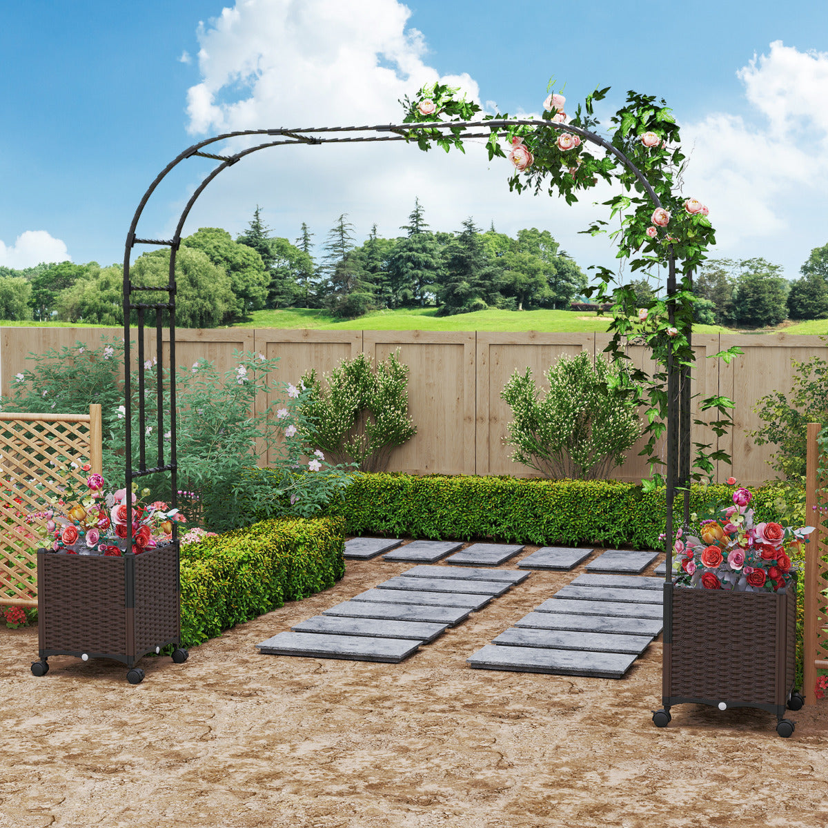 Arco de Jardim de 288 cm com 2 Caixas de Plantas Pérgola Exterior para Plantas Trepadeiras com Sistema de Autoirrigação e Orifícios de Drenagem