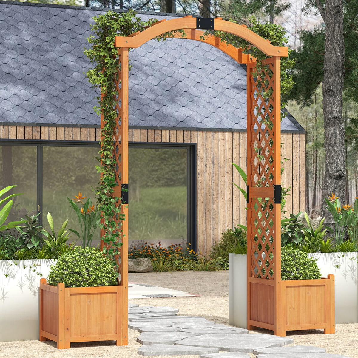 Arco de Jardim de Madeira com Floreiras Treliça de Arco de 200 cm de Altura para Plantas Trepadeiras Flores Pérgola Exterior Amarelo