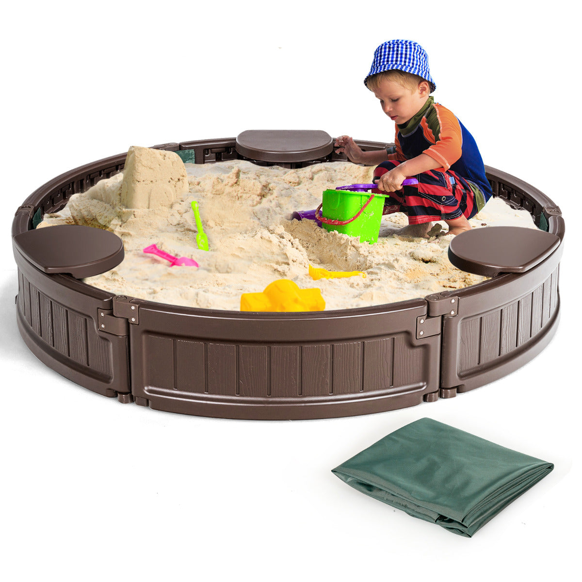 Arenero Redondo 120 cm para 4 Crianças Kit Areia de Exterior com Cobertura Impermeável Assentos para Pátio Praia Castanho