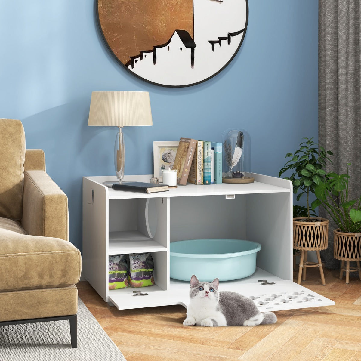 Banco Ocultador de Caixa de Areia para Gatos – 90 x 48,5 x 52 cm – Branco
