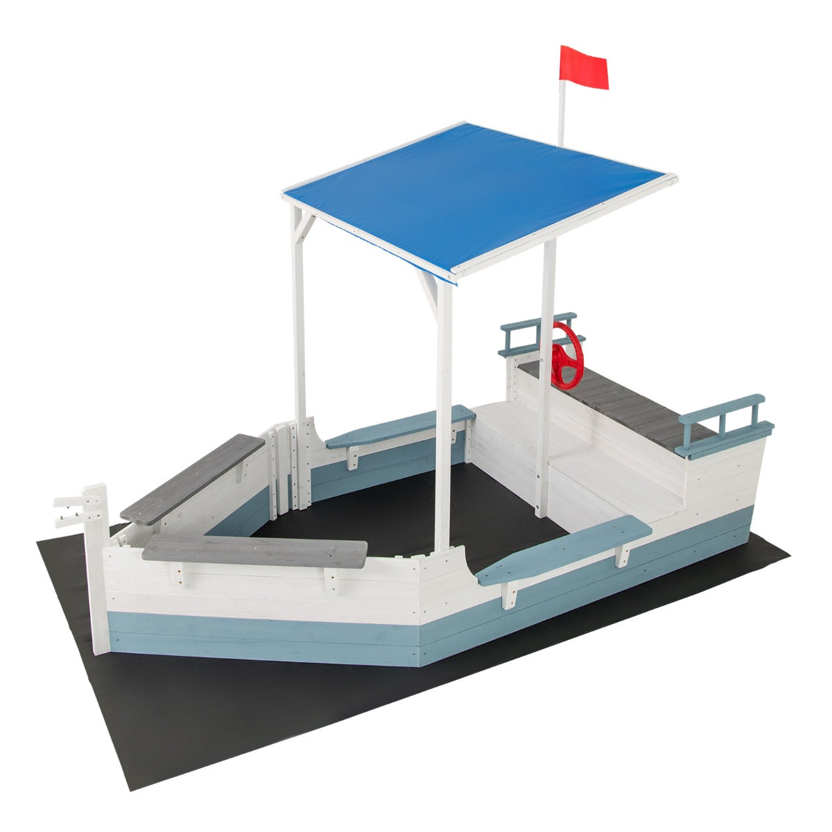 Arenero Barco Pirata com Toldo Caixa de Areia em Madeira de Abeto com Bandeira Leme Assentos de Banco e Compartimentos de Armazenamento