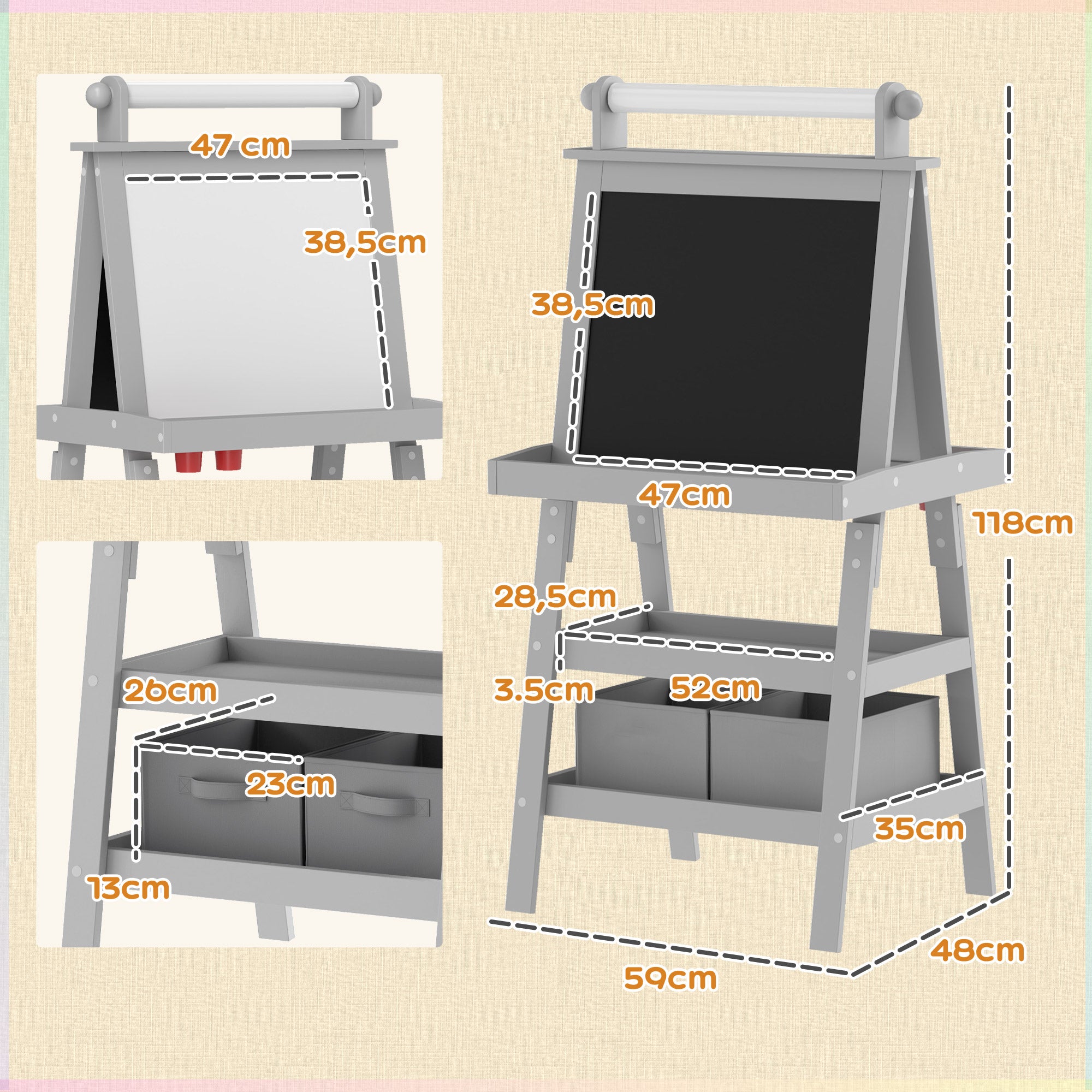 Cavalete de Pintura Infantil 3 em 1 Cinzento 59x48x118 cm