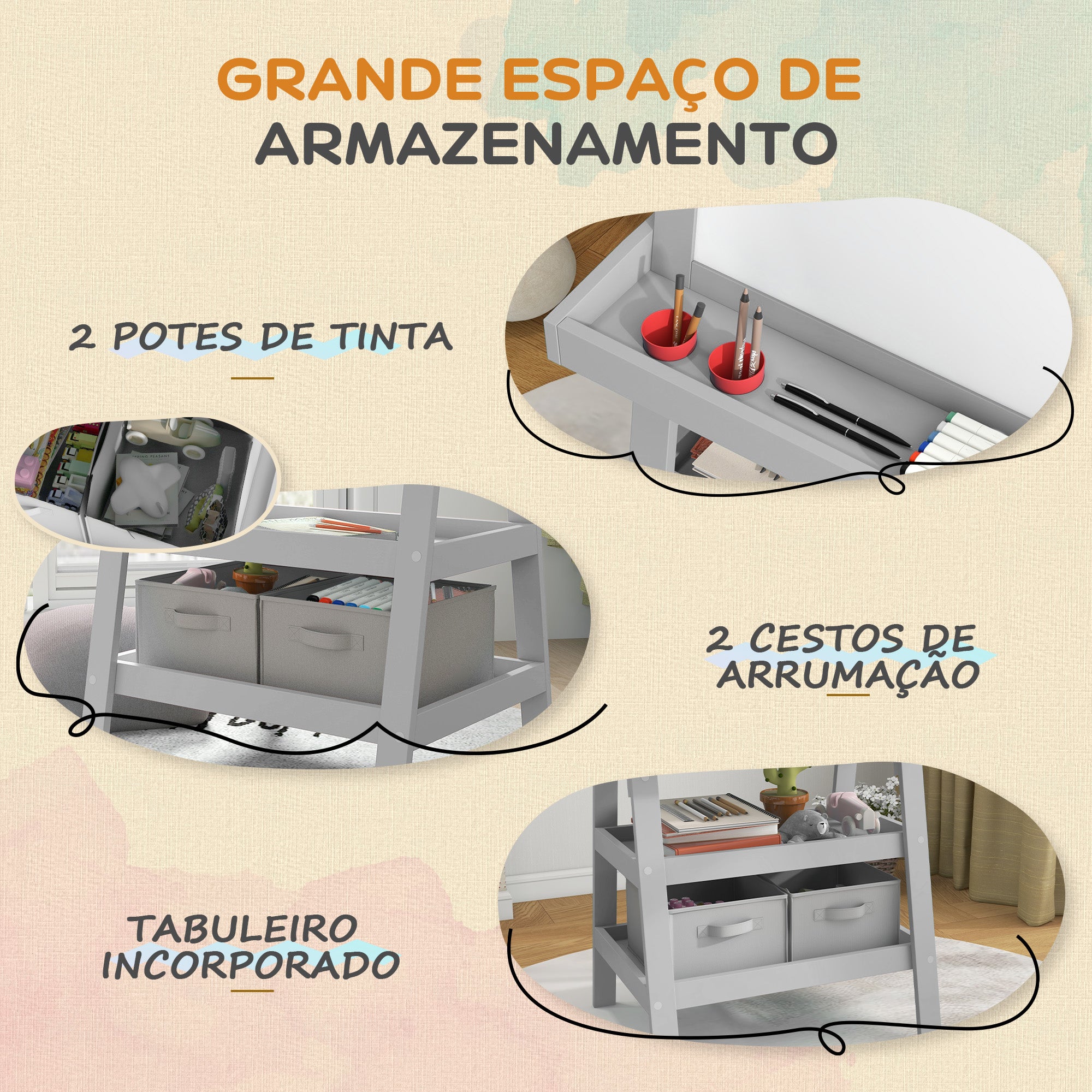 Cavalete de Pintura Infantil 3 em 1 Cinzento 59x48x118 cm