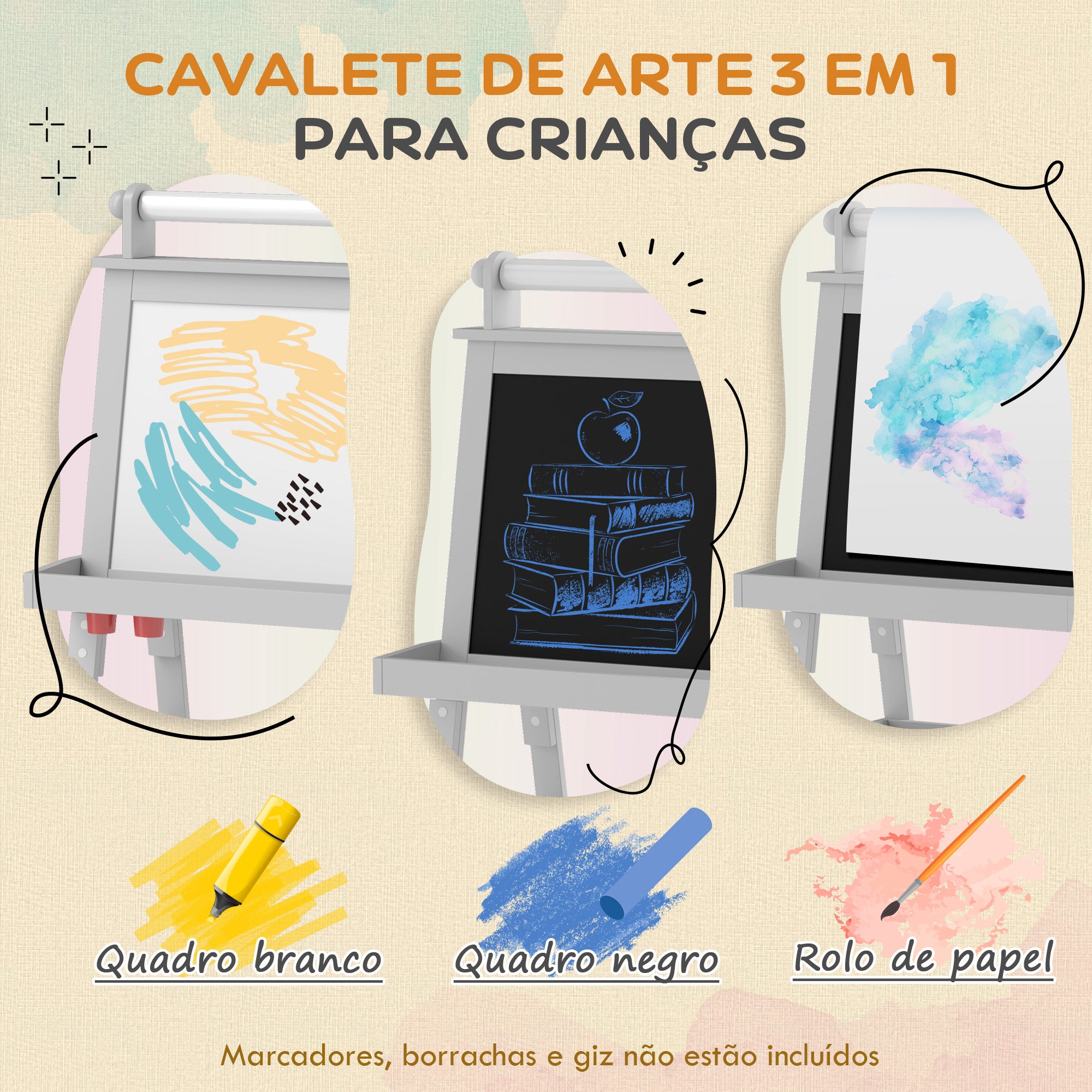 Cavalete de Pintura Infantil 3 em 1 Cinzento 59x48x118 cm
