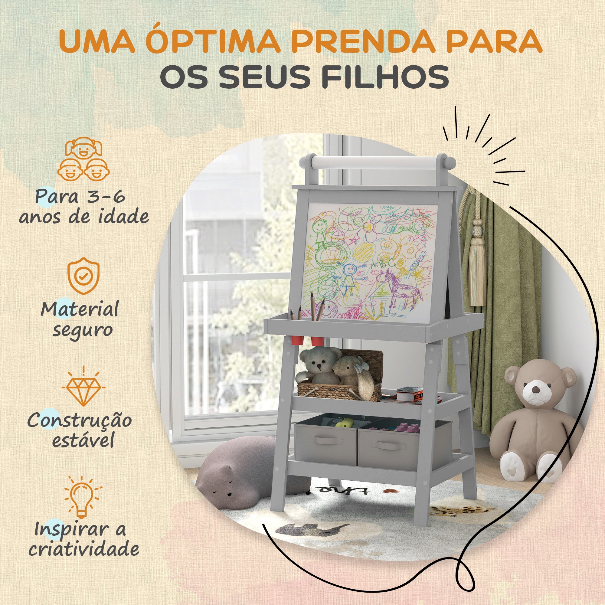 Cavalete de Pintura Infantil 3 em 1 Cinzento 59x48x118 cm