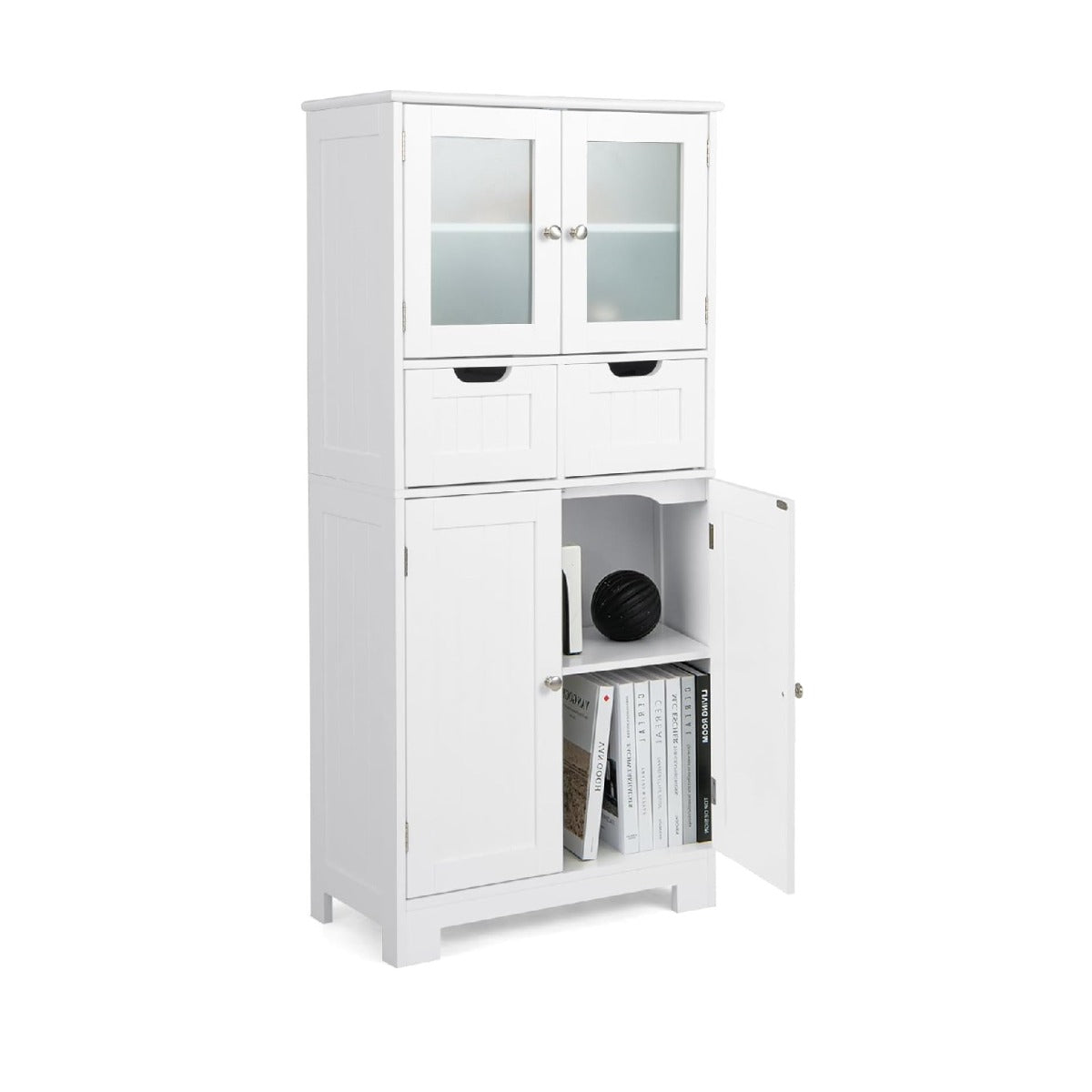 Móvel de Arrumação de Pé com Porta de Vidro Temperado 2 Gavetas e 1 Armário Fechado Prateleira Ajustável 60 x 30 x 128 cm Branco