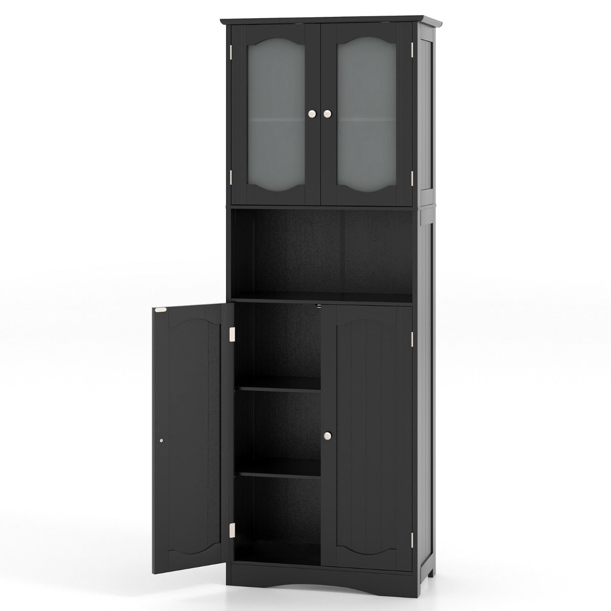 Armário Alto de Armazenamento para Casa de Banho Armário Despensa Independente com Portas de Vidro Fosco Prateleiras para Cozinha Sala de Estar Preto