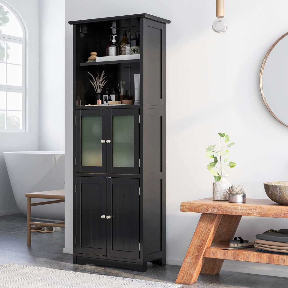 Armário Alto de Casa de Banho com 2 Portas Gaveta Prateleiras Ajustáveis Armário Independente para Sala Quarto Cozinha 60 x 30 x 163 cm Preto