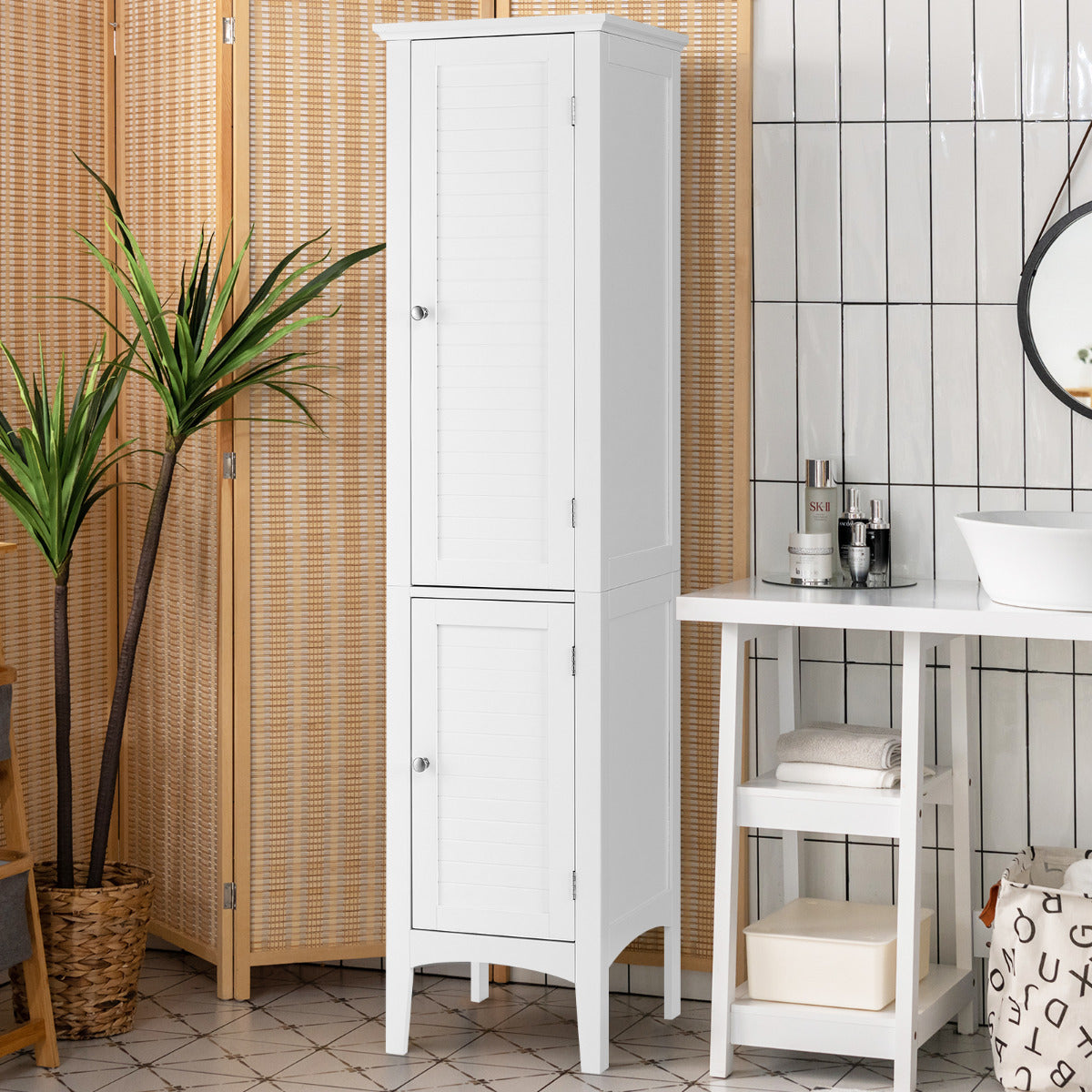 Armário Alto de Casa de Banho com 5 Níveis de Armazenamento Gabinete Independente Organizador Estreito para Cozinha 37 x 37 x 160 cm Branco