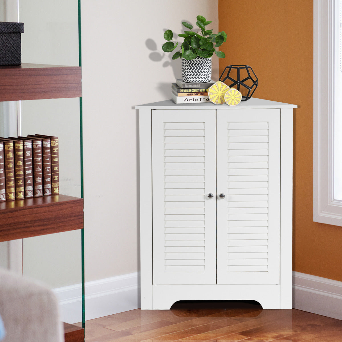 Armário Angular 3 Níveis com 2 Portas de Persiana Estante Altura Ajustável para Casa de Banho Cozinha Sala 63 x 32 x 81,5 cm Branco