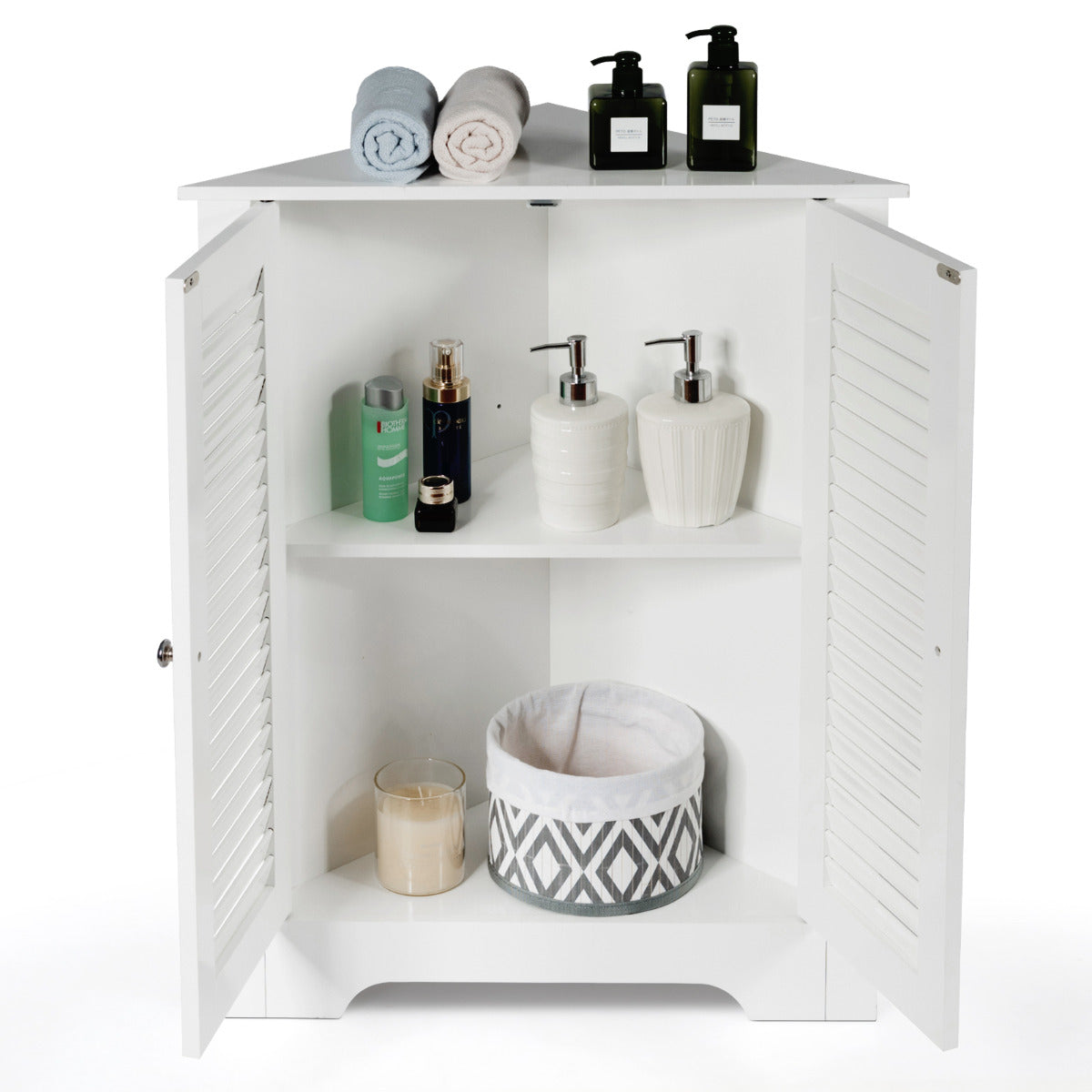 Armário Angular 3 Níveis com 2 Portas de Persiana Estante Altura Ajustável para Casa de Banho Cozinha Sala 63 x 32 x 81,5 cm Branco