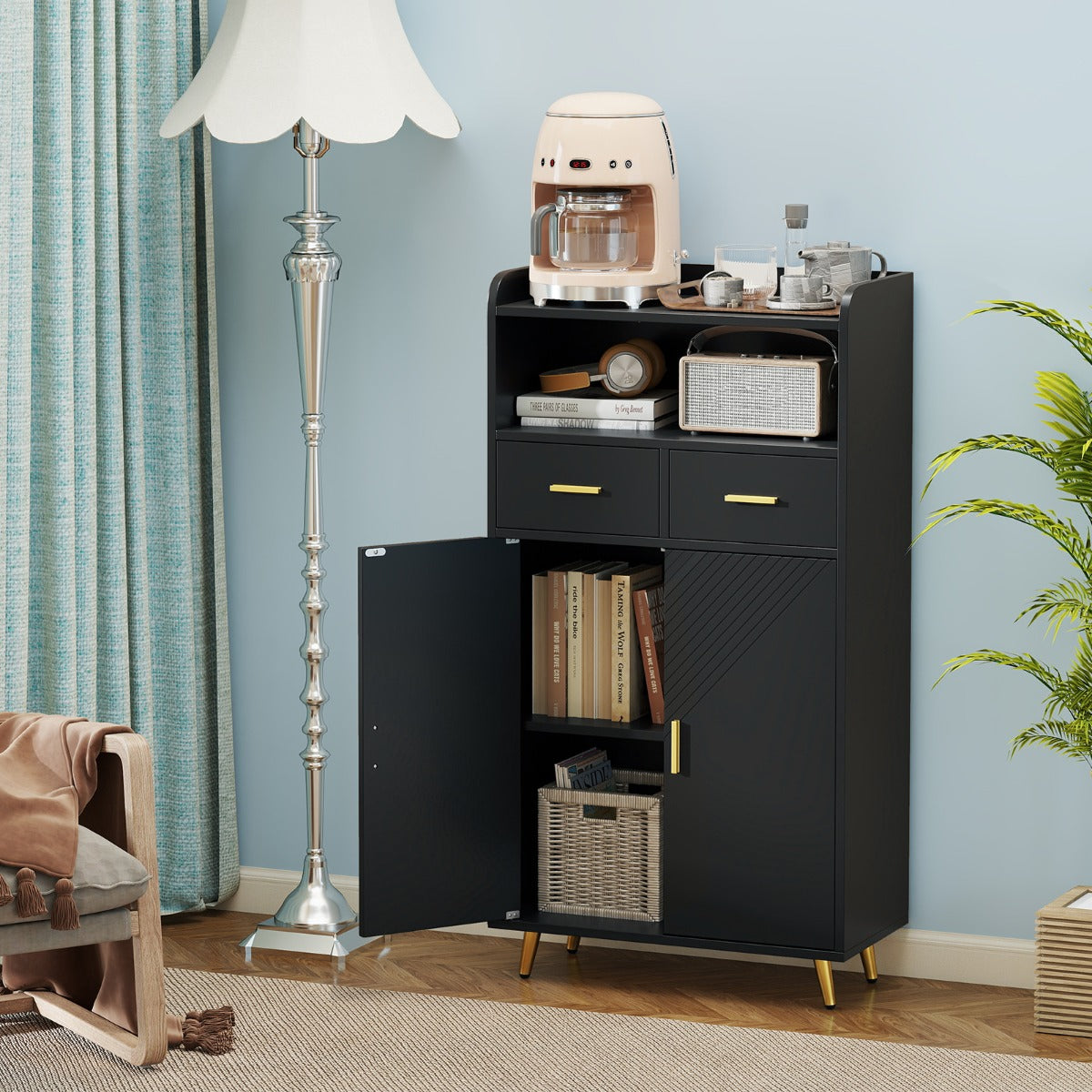 Aparador de Cozinha com Portas 2 Gavetas e Prateleira Ajustável Moderno 60 x 30 x 113 cm - Preto