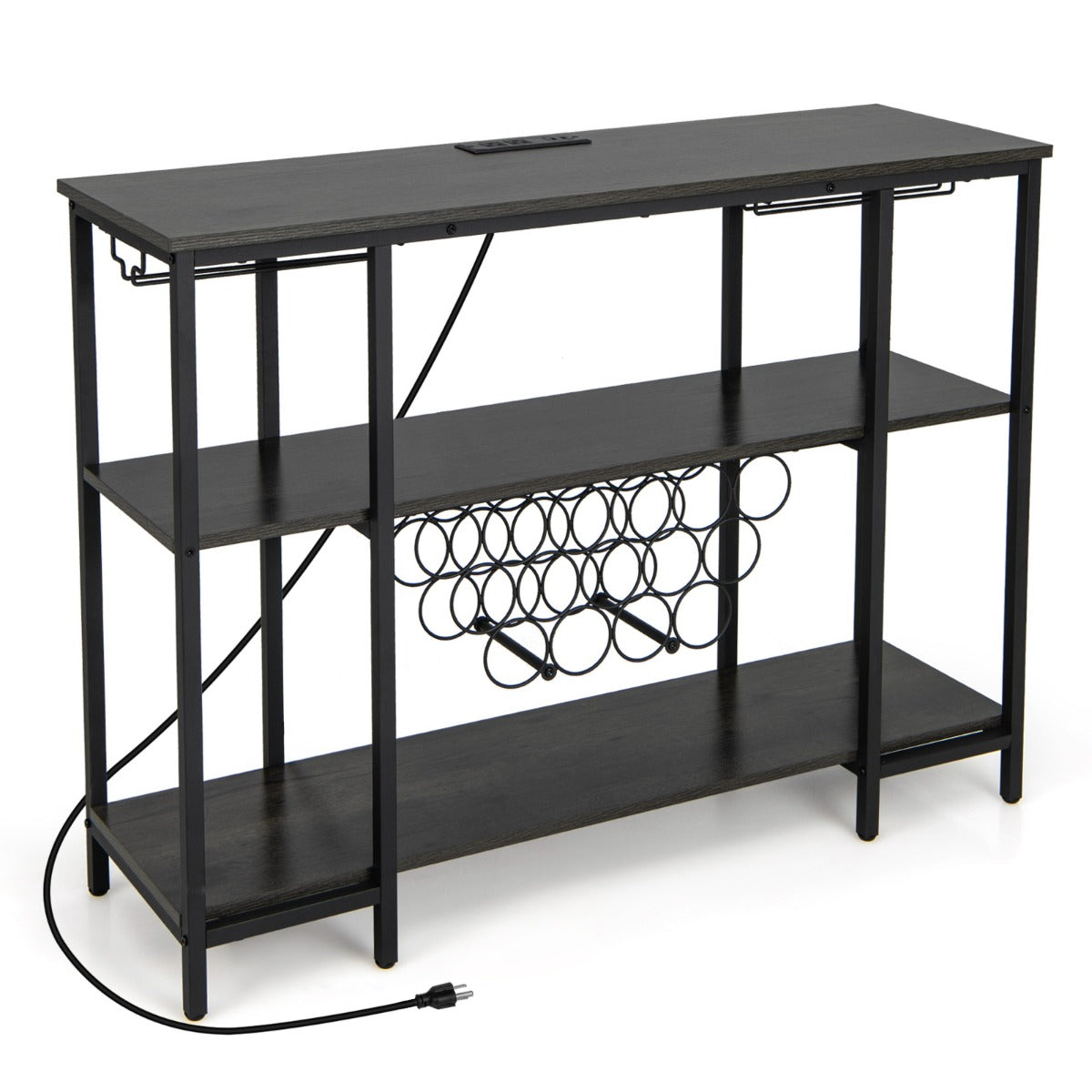Armário Bar de Vinhos com Estação de Carregamento 2 Porta-copos para 15 Garrafas Prateleiras Industrial para Casa Cozinha 113 x 35 x 85 cm Cinzento