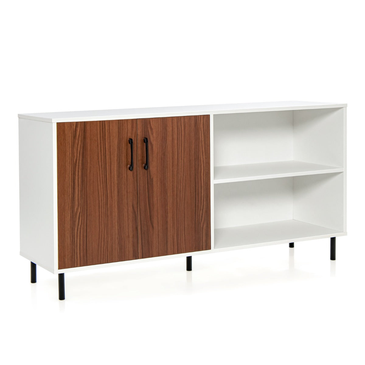 Armário Buffet Moderno com Portas e Compartimentos Abertos Pernas de Metal Armário Aparador para Cozinha Sala de Jantar 148 x 40 x 75 cm Nogueira