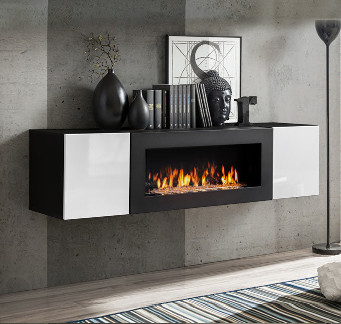 Armário Pendurado com Lareira Modelo Kaira Lumbre (160x40cm) Preto e Branco