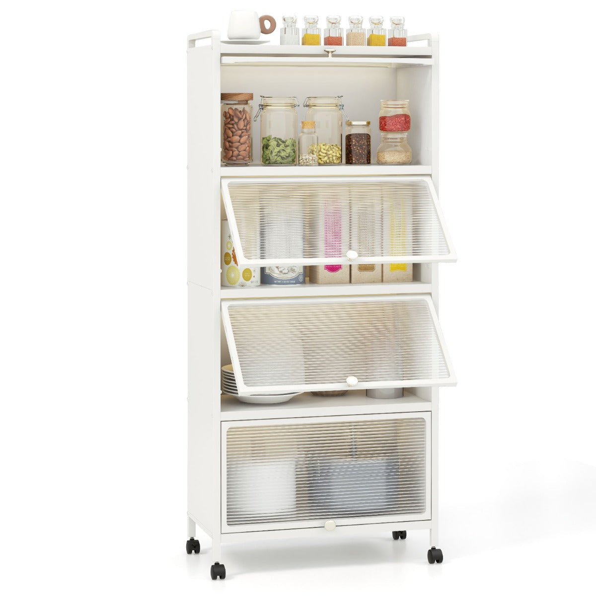 Armário com Rodas Estante de Cozinha de 5 Níveis com Portas Abatíveis de PC 60 x 32 x 154 cm Branco