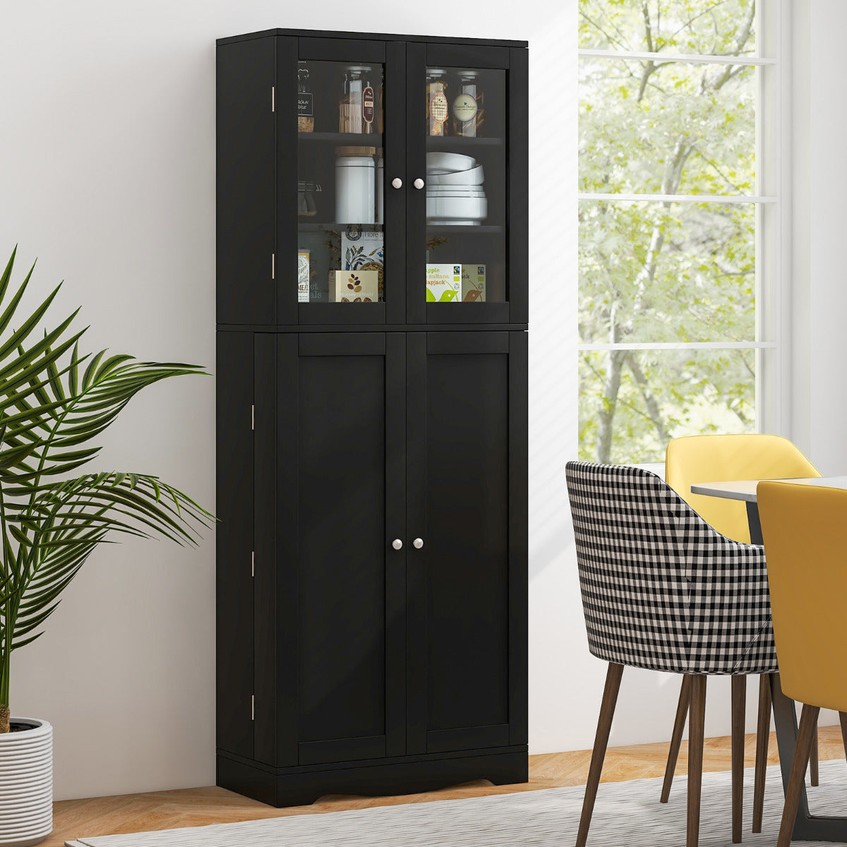 Armário de Armazenamento para Despensa de Cozinha com Portas de Vidro Estantes Adicionais para Portas Independente para Sala de Jantar Preto