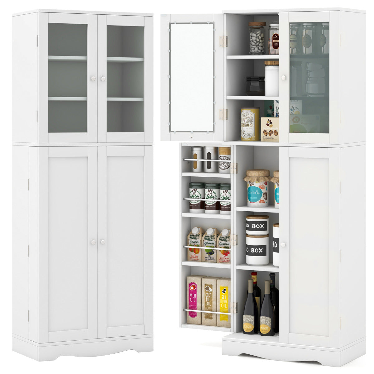 Armário de Arrumação para Despensa de Cozinha com Portas de Vidro Prateleiras Adicionais para Portas Independente para Sala de Jantar Branco