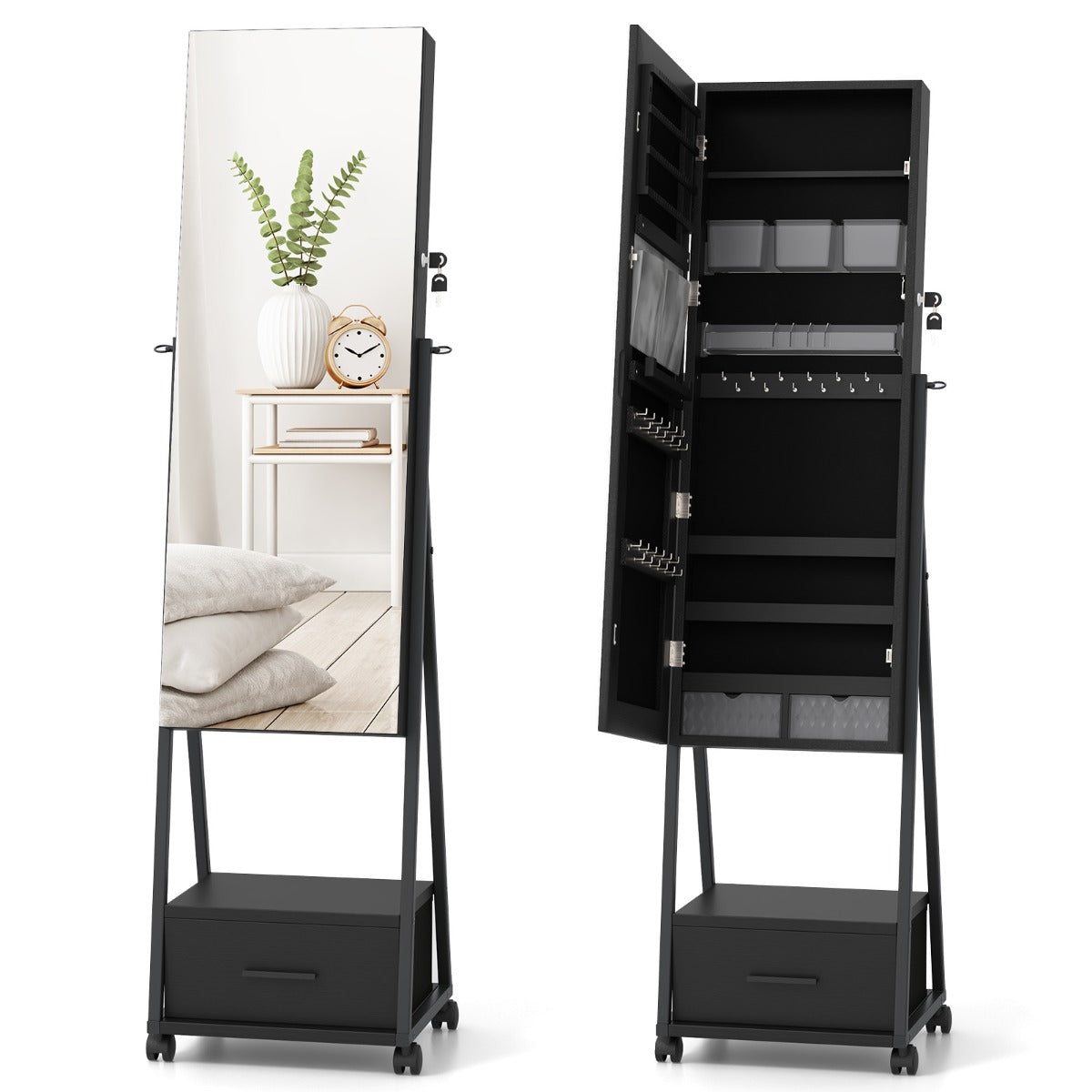 Armário para Joias de Pé com Espelho de Corpo Inteiro Organizador de Joias com Porta Gavetas Rodas Bloqueáveis 42 x 38 x 157 cm Preto