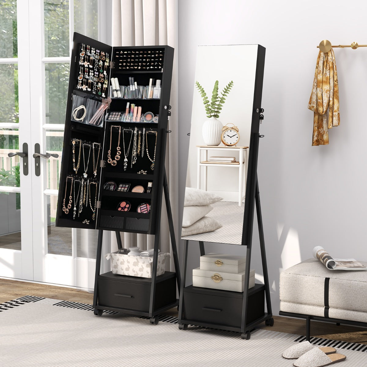 Armário para Joias de Pé com Espelho de Corpo Inteiro Organizador de Joias com Porta Gavetas Rodas Bloqueáveis 42 x 38 x 157 cm Preto