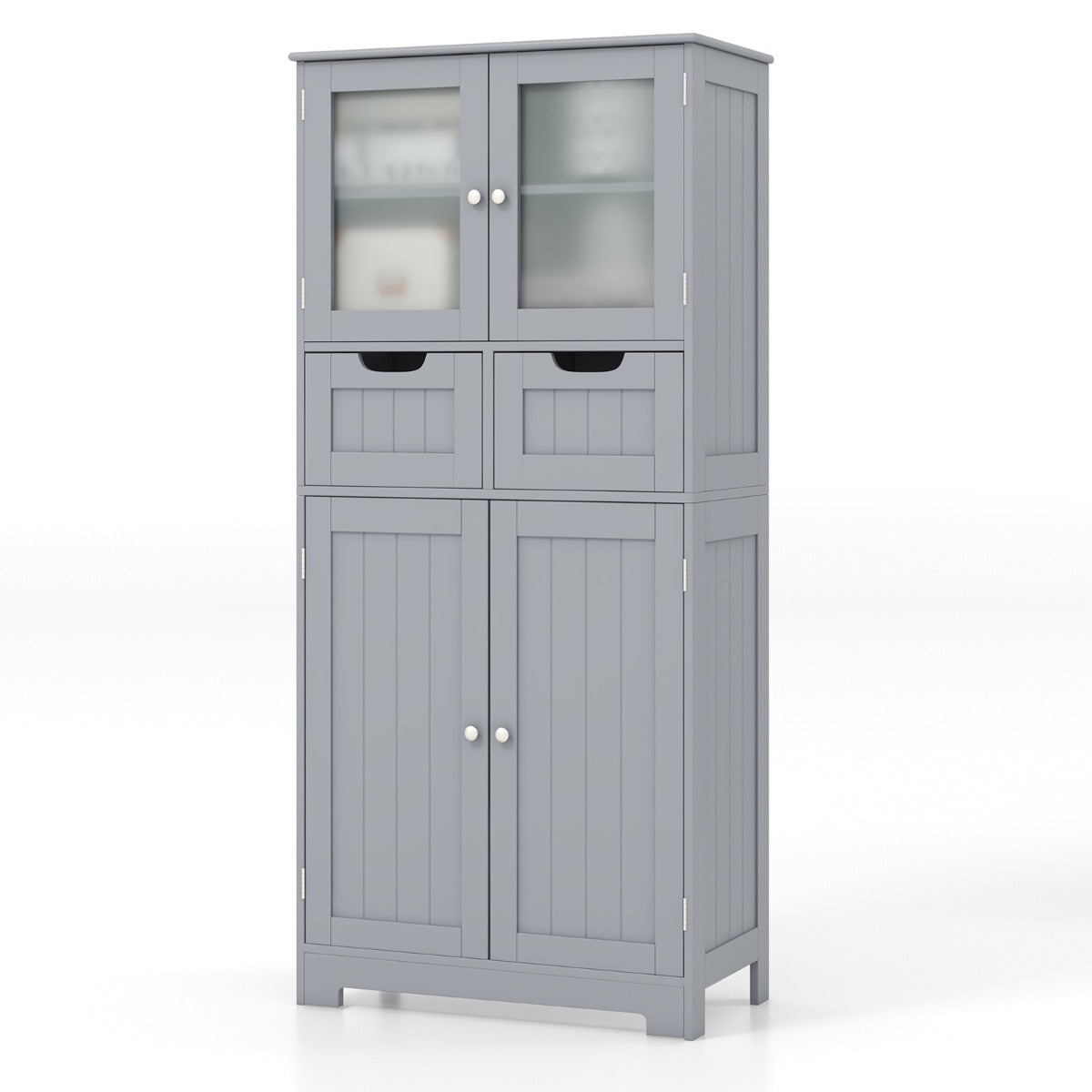 Armário de Arrumação de Chão com 4 Portas Gabinete de Casa de Banho Independente 2 Gavetas Prateleiras para Cozinha Sala 60 x 30 x 128 cm Cinzento