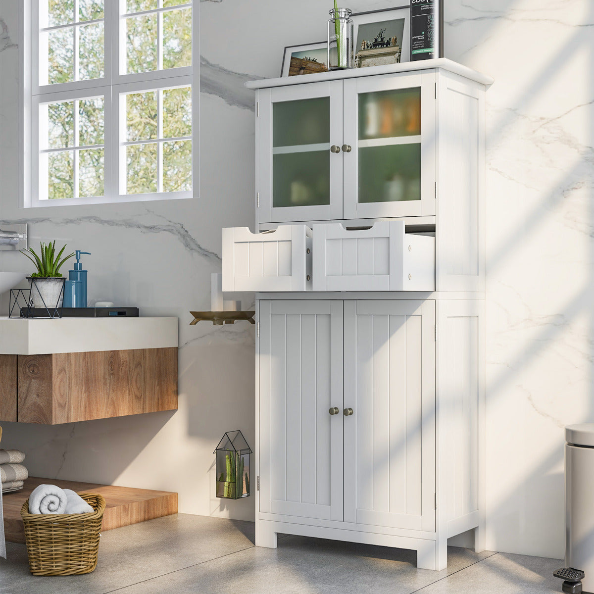 Armário de Armazenamento de Chão com 4 Portas Gabinete de Casa de Banho Independente 2 Gavetas Prateleiras para Cozinha Sala 60 x 30 x 128 cm Branco