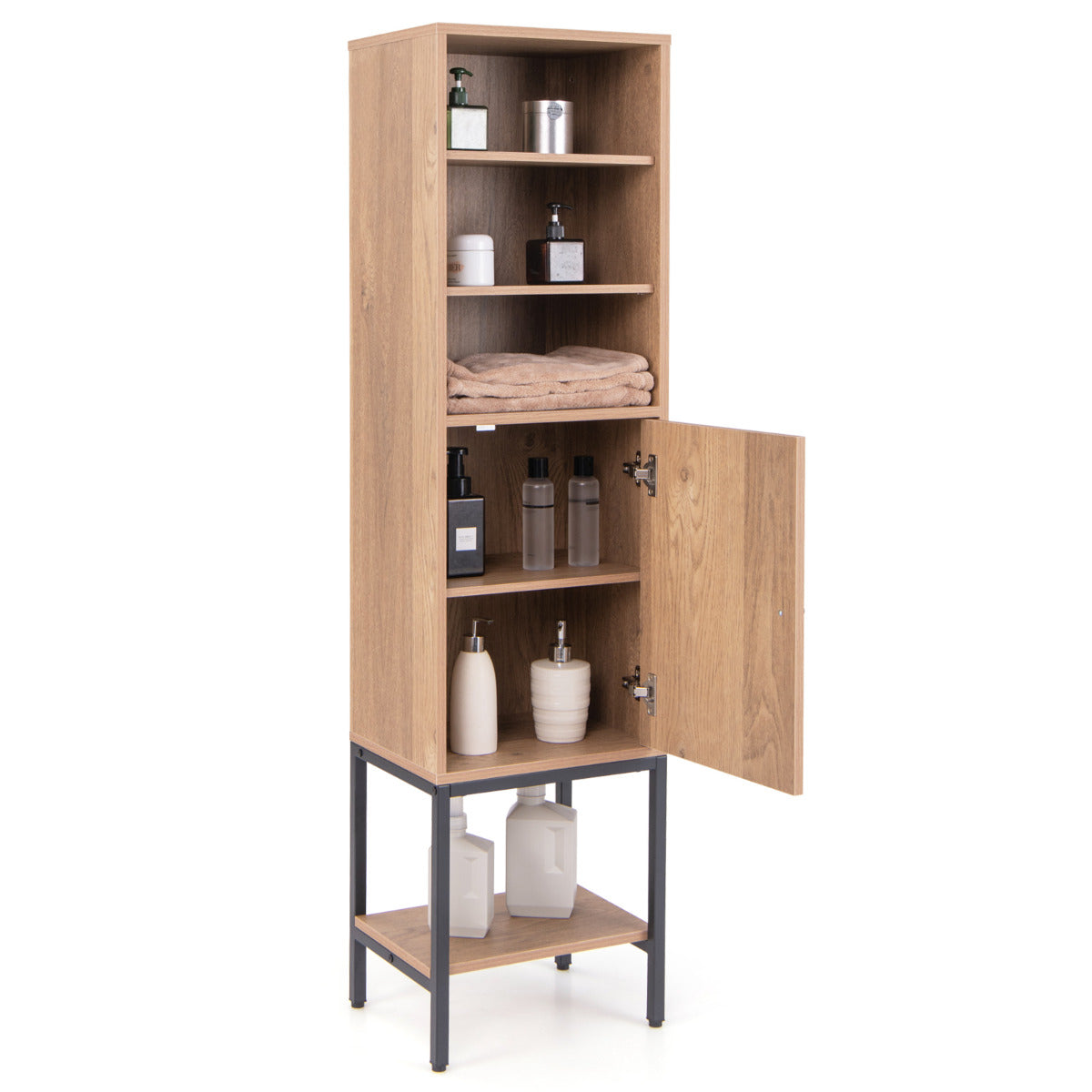 Armário de Armazenamento de 145 cm de Altura com Prateleiras Ajustáveis Armário Estreito com Porta para Sala de Estar Cozinha Escritório Natural