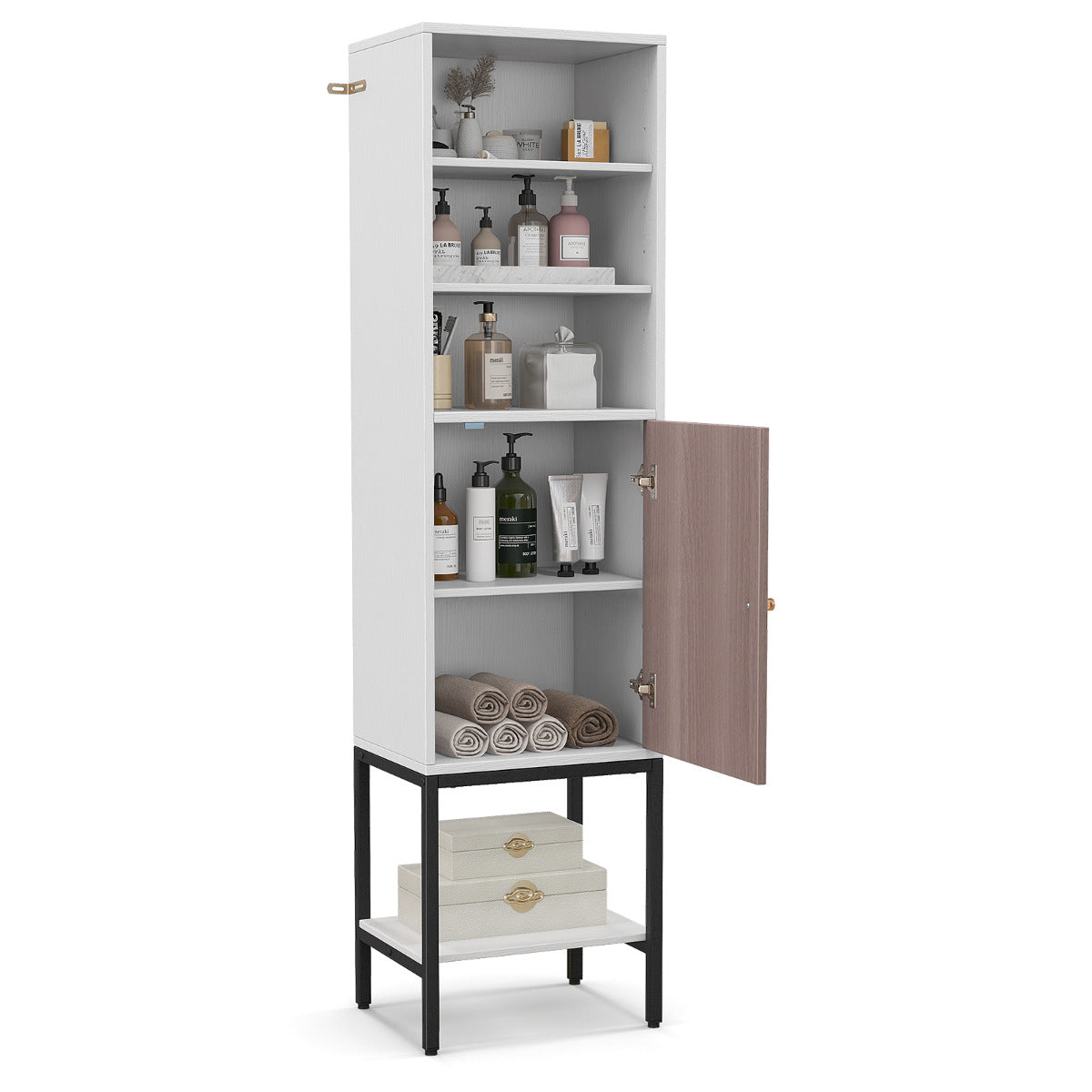 Armário de Arrumação de 145 cm de Altura com Prateleiras Ajustáveis Armário Estreito com Porta para Sala de Estar Cozinha Escritório Branco