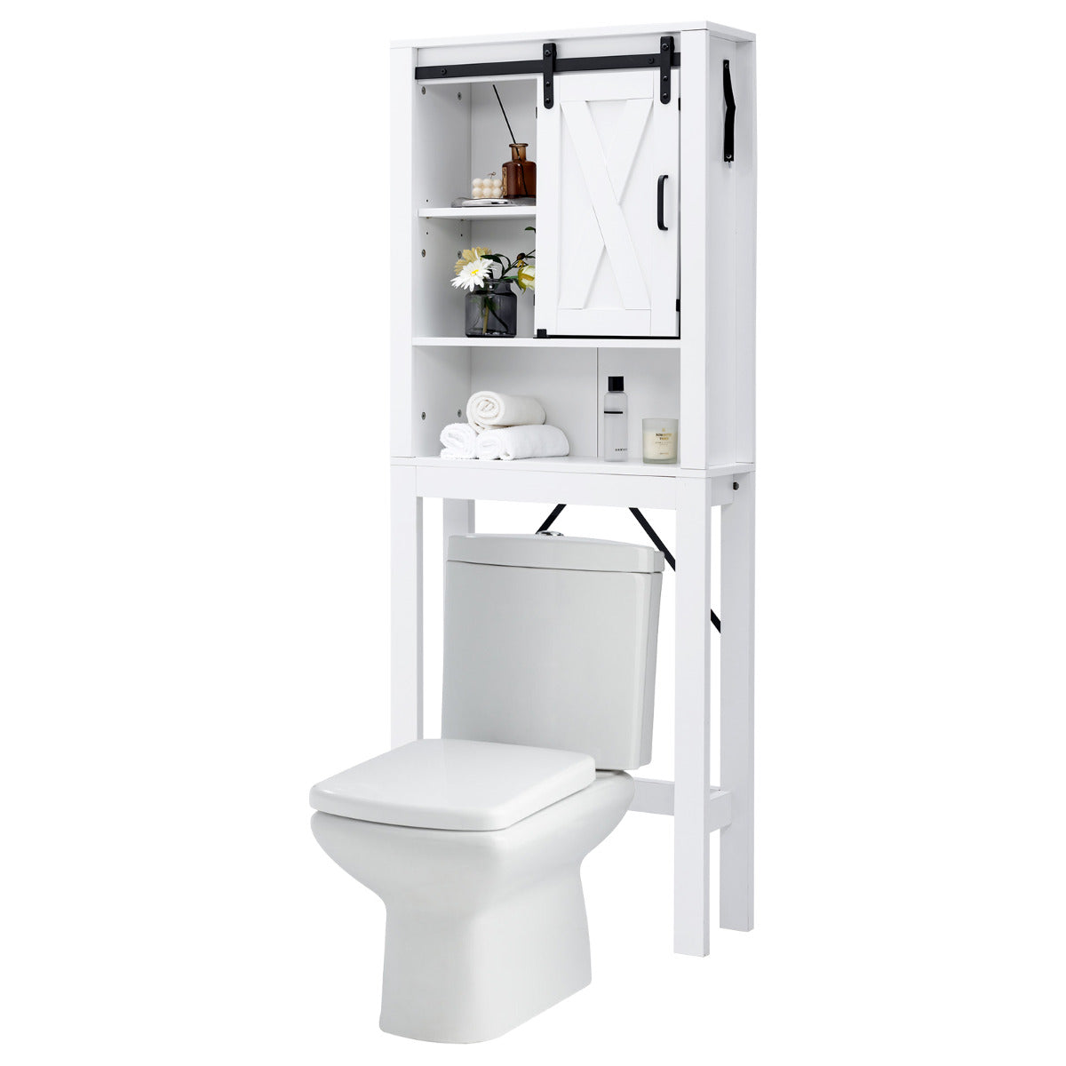 Armário de Armazenamento Sobre o Vaso Sanitário para Casa de Banho 4 Níveis com Porta Deslizante Prateleiras Ajustáveis 68 x 22 x 171 cm Branco