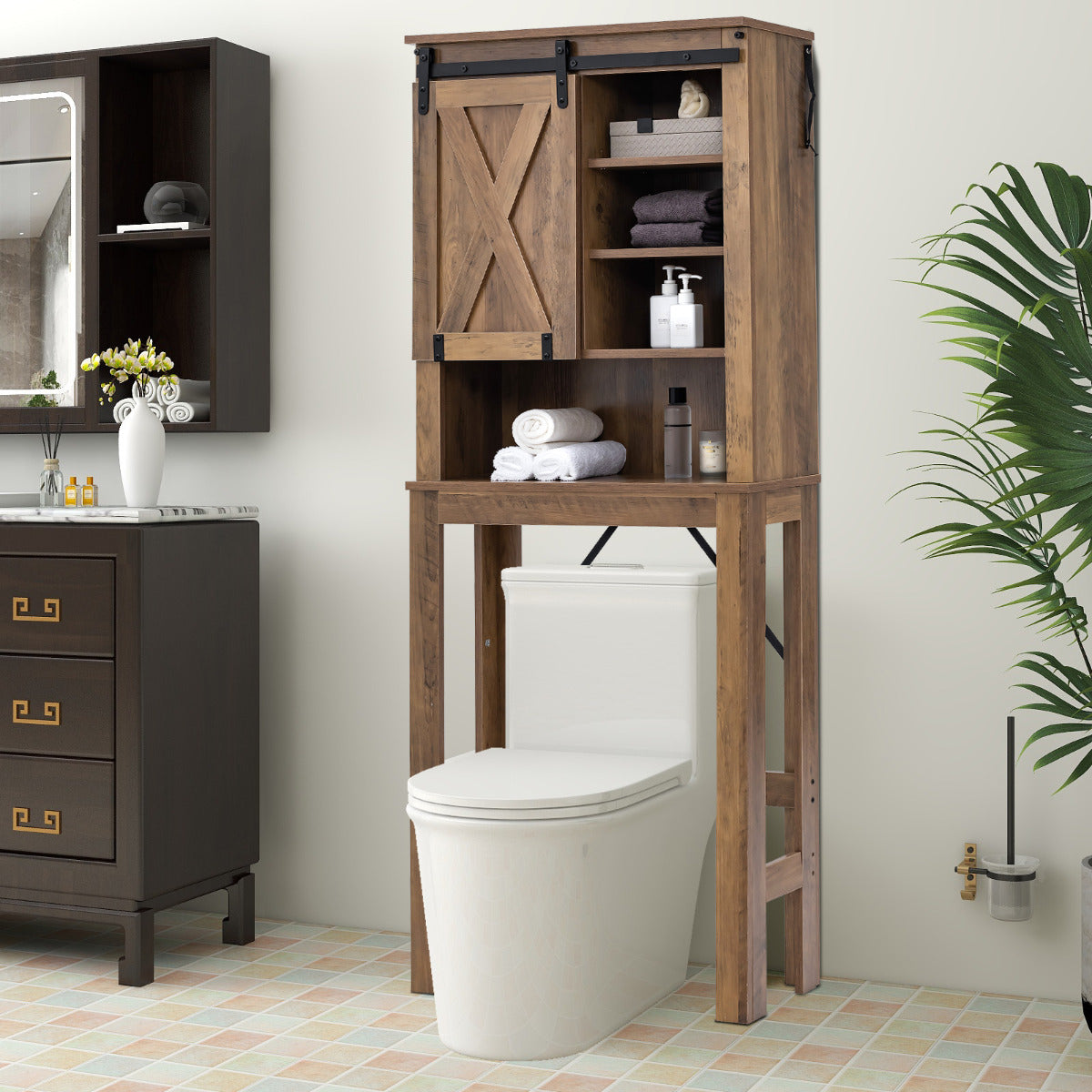 Armário de Armazenamento Sobre o Vaso Sanitário Estantería Independente com Porta Deslizante Prateleiras Ajustáveis de Casa de Banho 67 x 25 x 172 cm Castanho