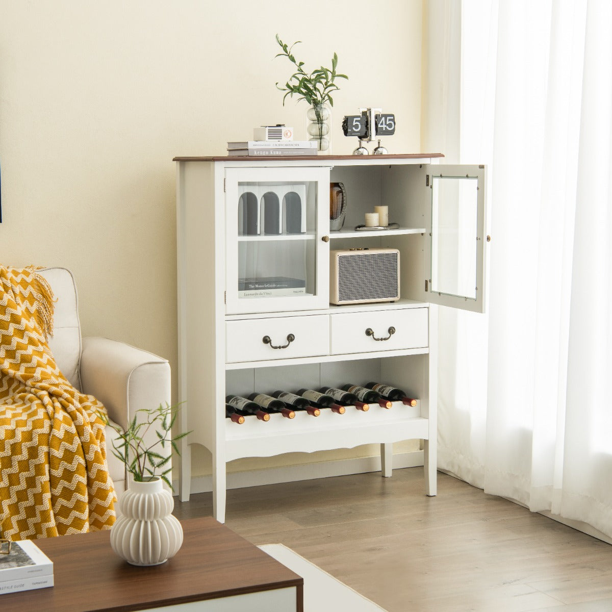 Aparador com 2 Portas de Vidro Temperado 2 Gavetas Suporte para Vinho Estação de Café para Sala de Jantar Sala 90 x 40 x 126,5 cm Branco